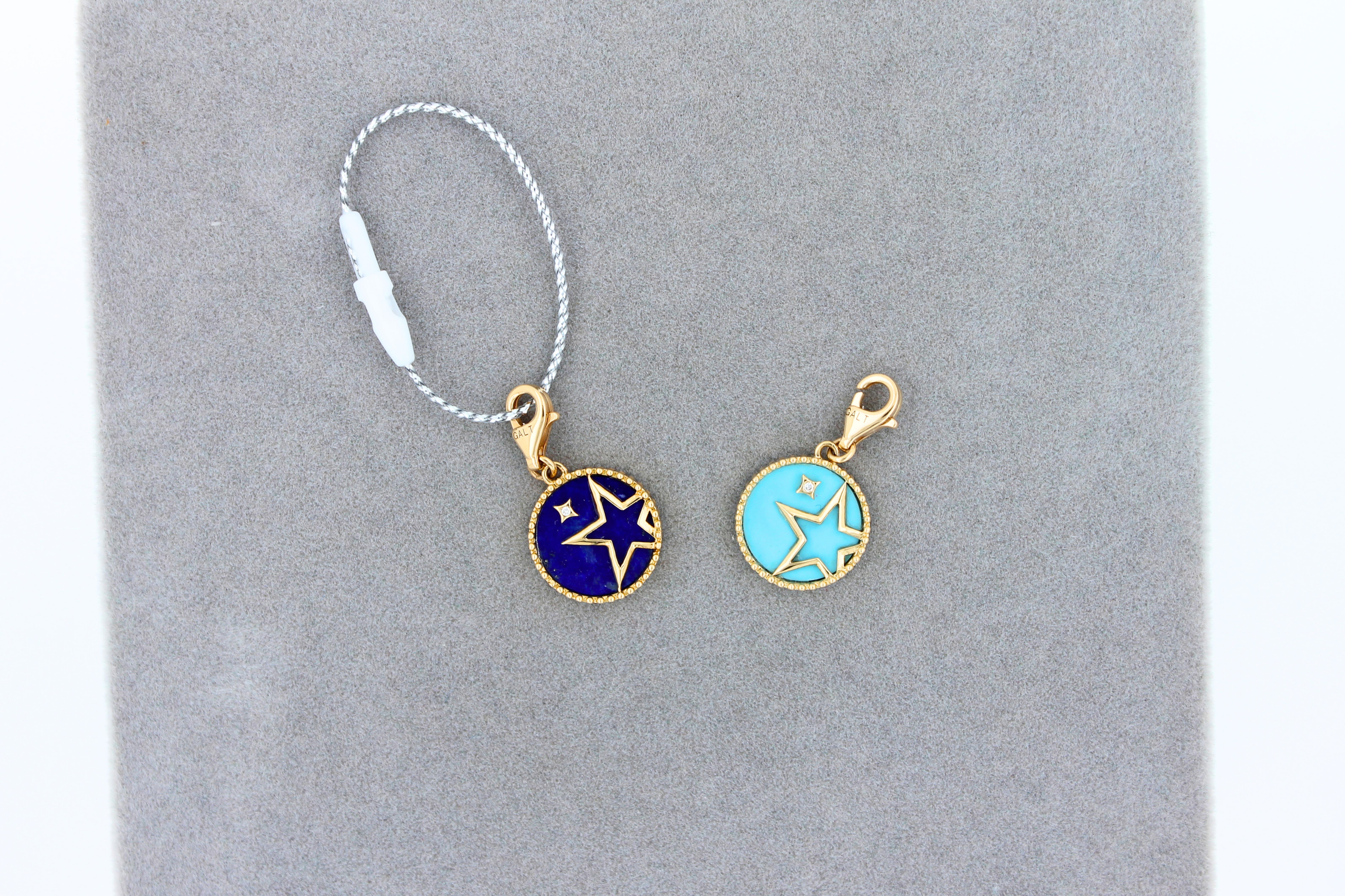 Women's or Men's Diamond Teal Turquoise Shooting Star Celestial Sky Gold Medallion Charm Pendant For Sale