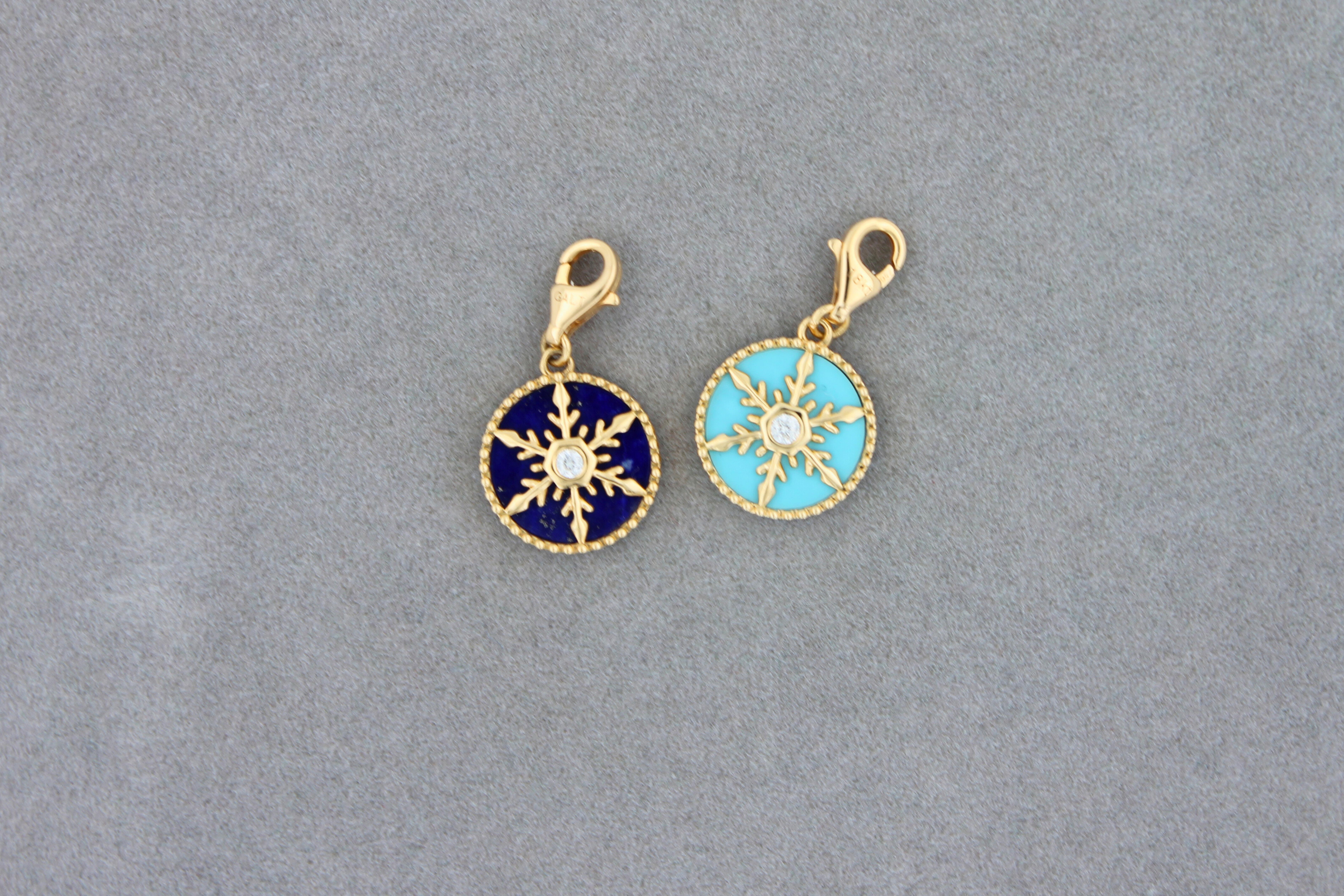 Diamond Teal Turquoise Snowflake Winter Ice Yellow Gold Medallion Charm Pendant 1