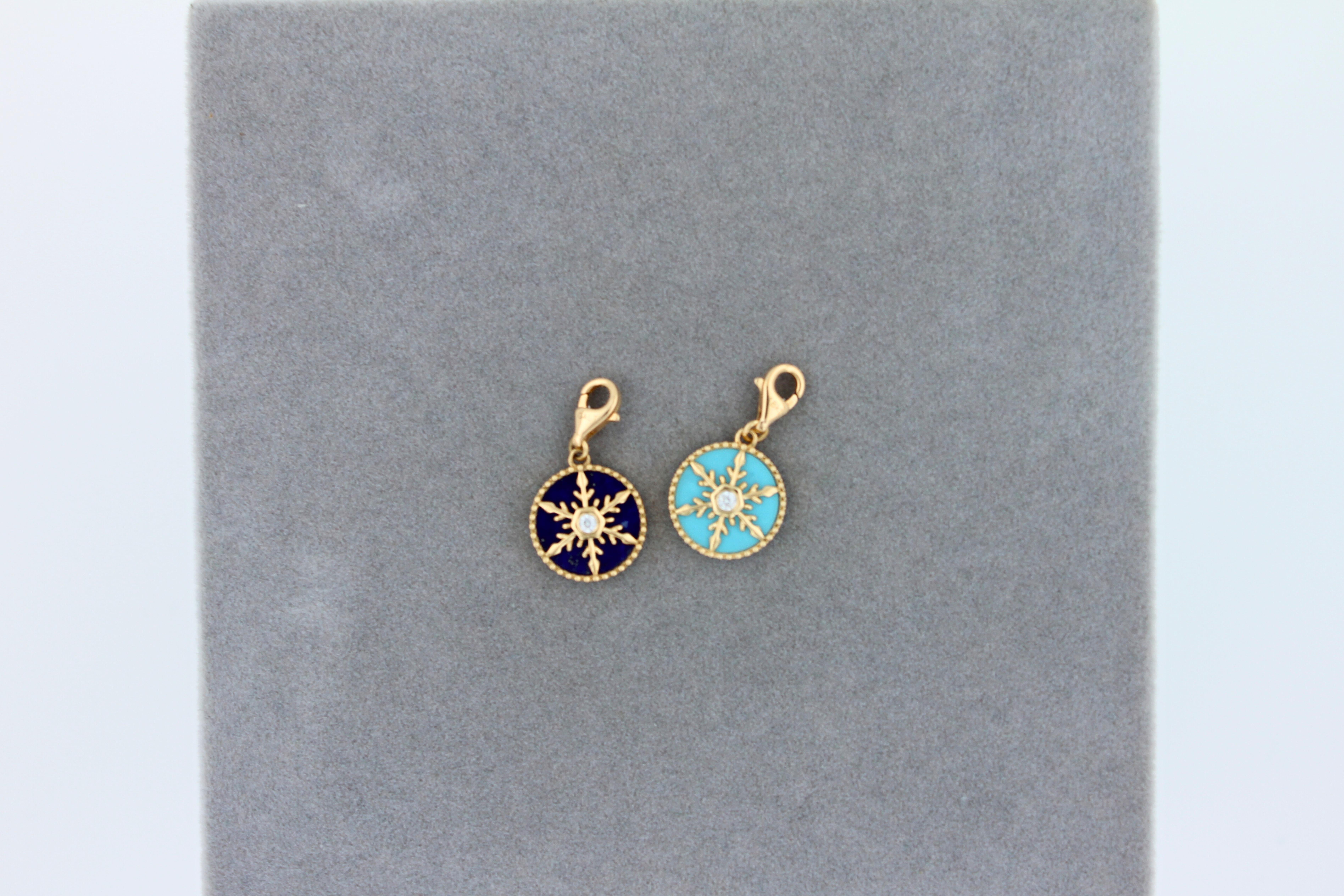 Diamond Teal Turquoise Snowflake Winter Ice Yellow Gold Medallion Charm Pendant 2