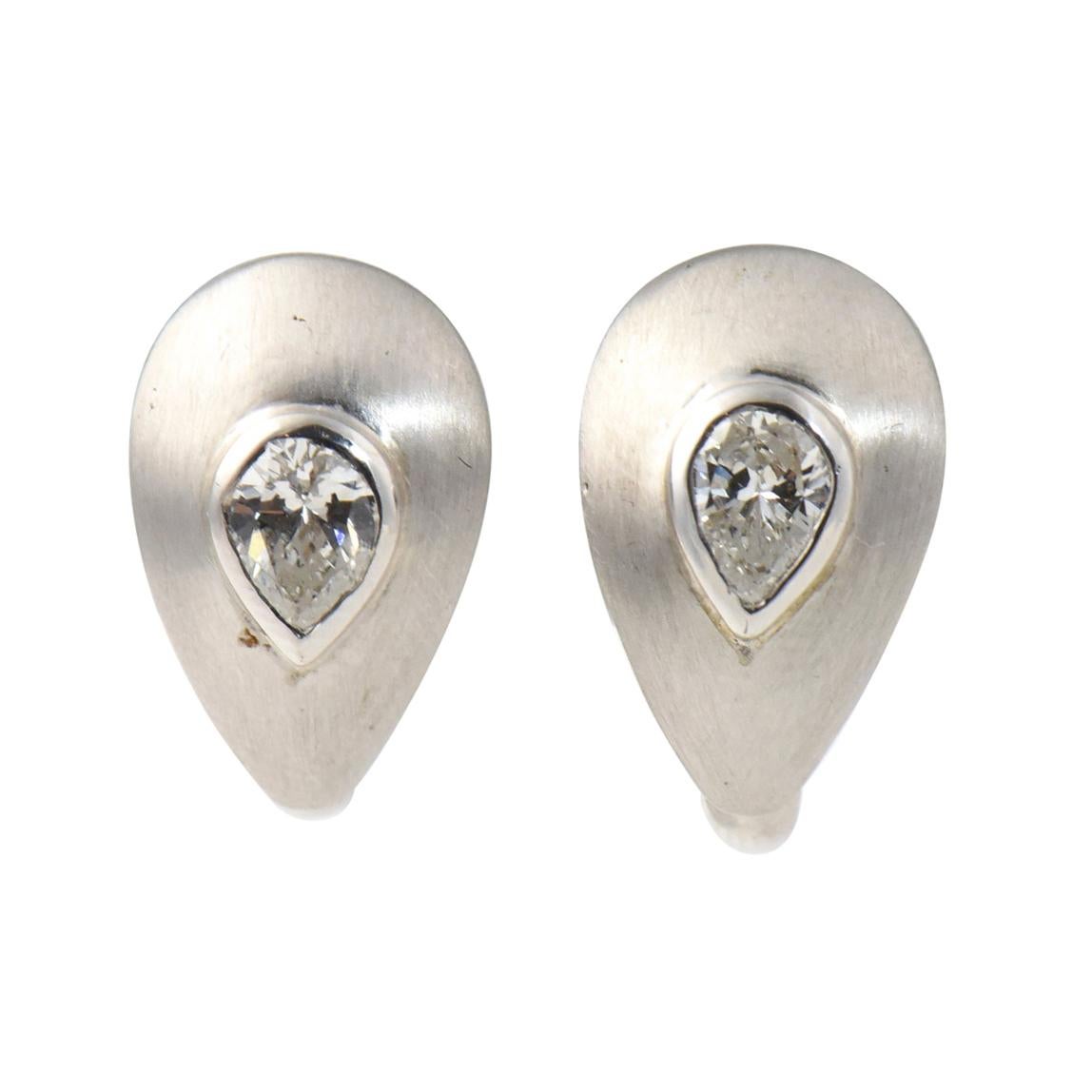 Diamond Teardrop Brushed White Gold Earrings