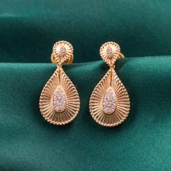 Diamond Teardrop Textured Drop Earrings Handmade 14K Yellow Gold Fine Jewelry