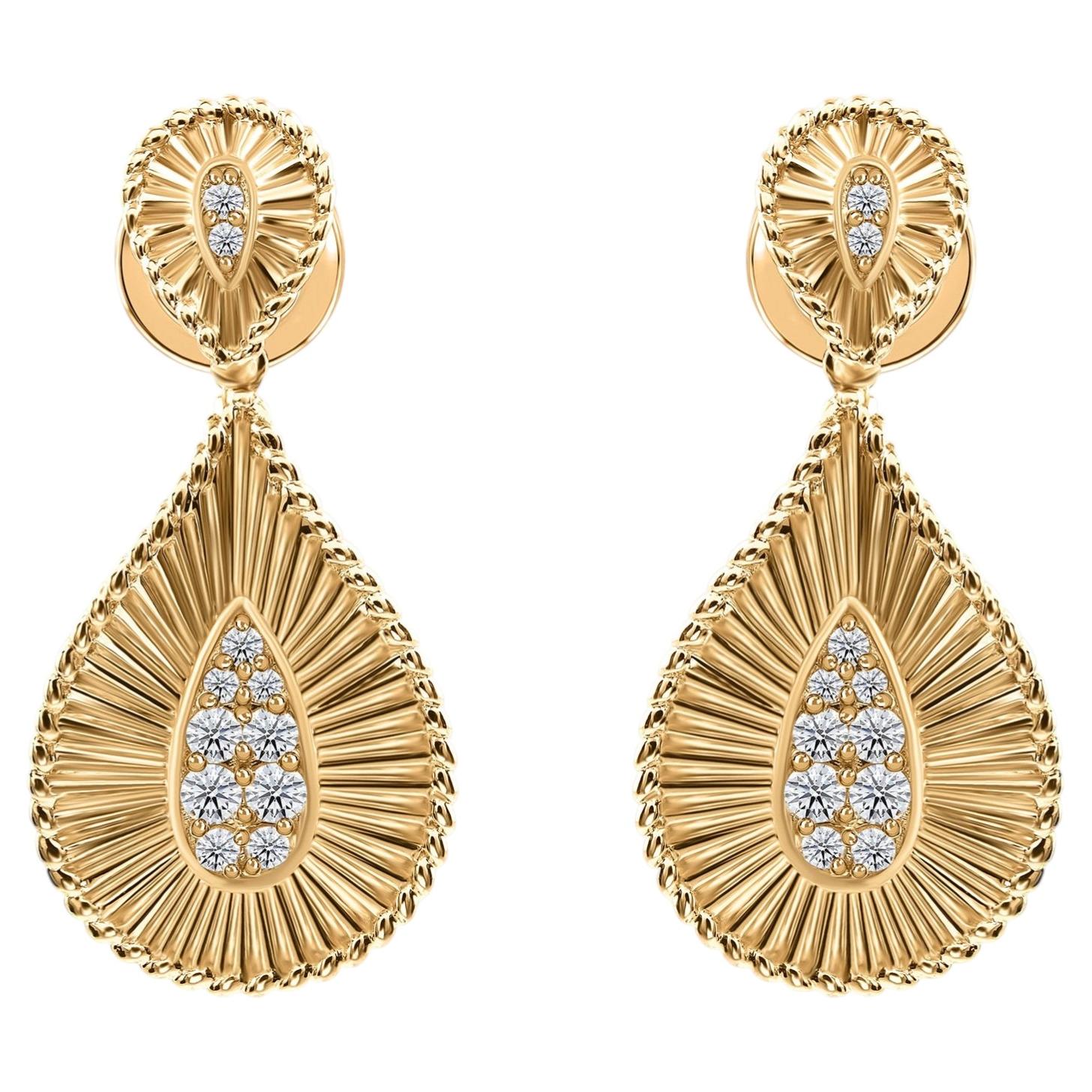 Diamond Teardrop Textured Drop Earrings Handmade 18K Yellow Gold Fine Jewelry