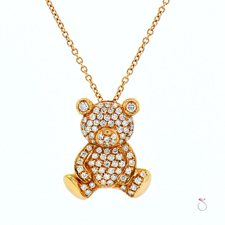 Stunning diamond teddy bear pendant in 18k rose gold on 18K 16 inch cable link chain by Italian design house Assor Gioielli. The teddy bear pendant is set with 79 round brilliant cut diamonds totaling 0.90 carat, F - G in color and VS in clarity.