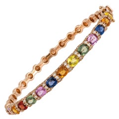 Bracelet jonc tennis en diamants et diamants roses 18 carats avec plusieurs saphirs de 0,76 carat/172 pièces