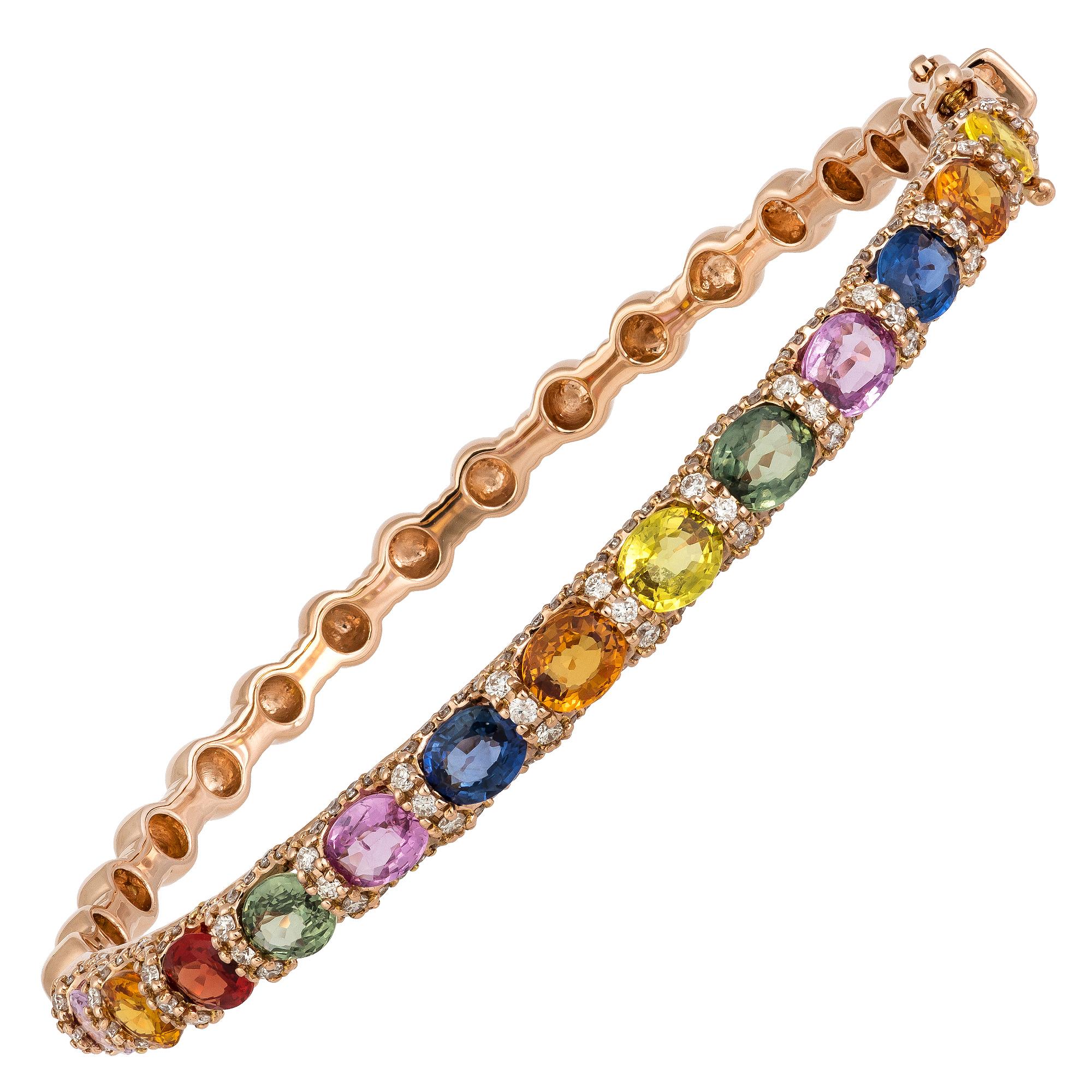 Taille ronde Bracelet jonc tennis en diamants et diamants roses 18 carats 0,76 carat/172 pièces de saphirs multiples en vente