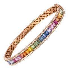 Diamond Tennis Bangle Bracelet 18K Rose Diamond 0.87 Cts/114 Pcs Multi Sapphire