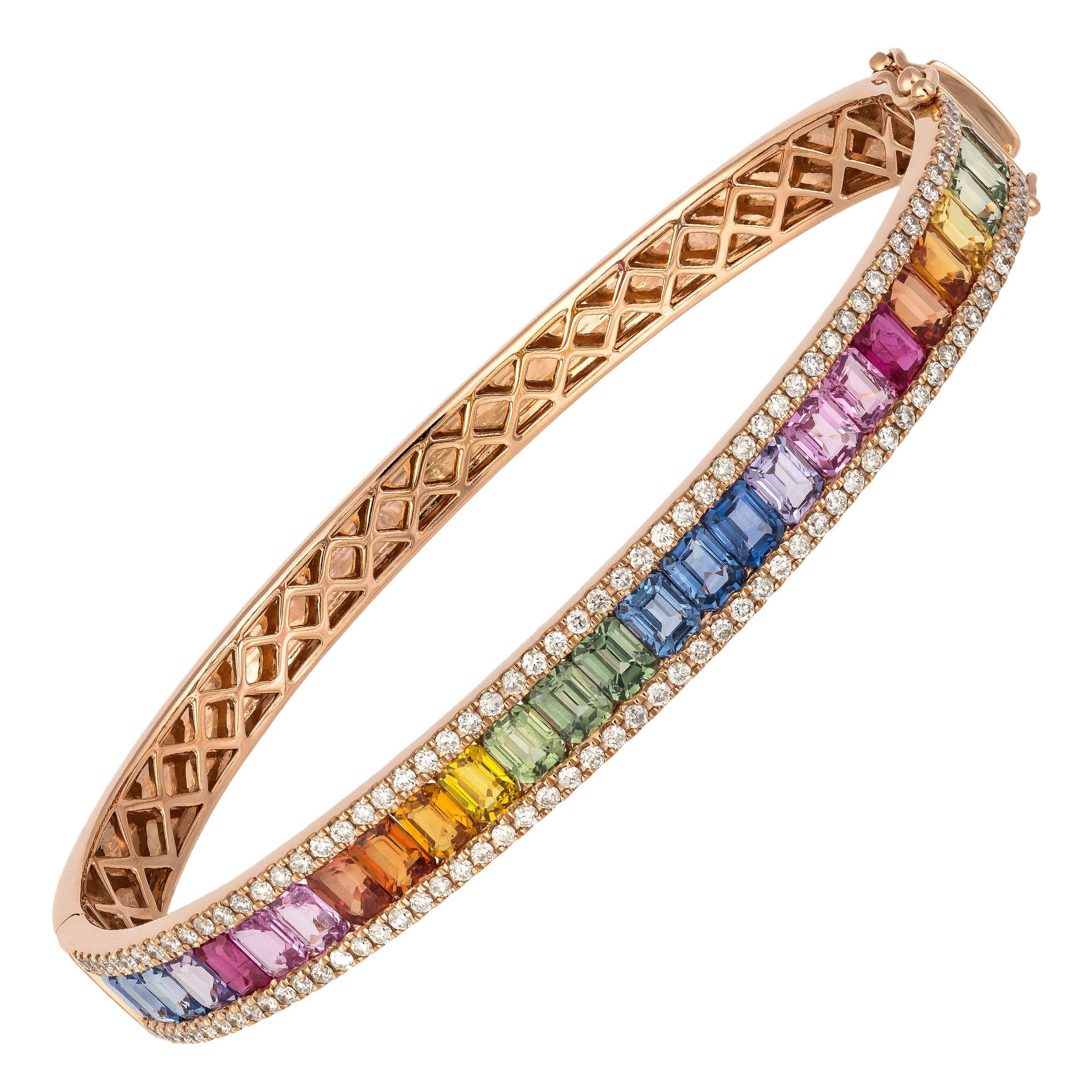 Bracelet jonc tennis en diamants et diamants roses 18 carats 0,87 carat/114 pièces de saphirs multicolores