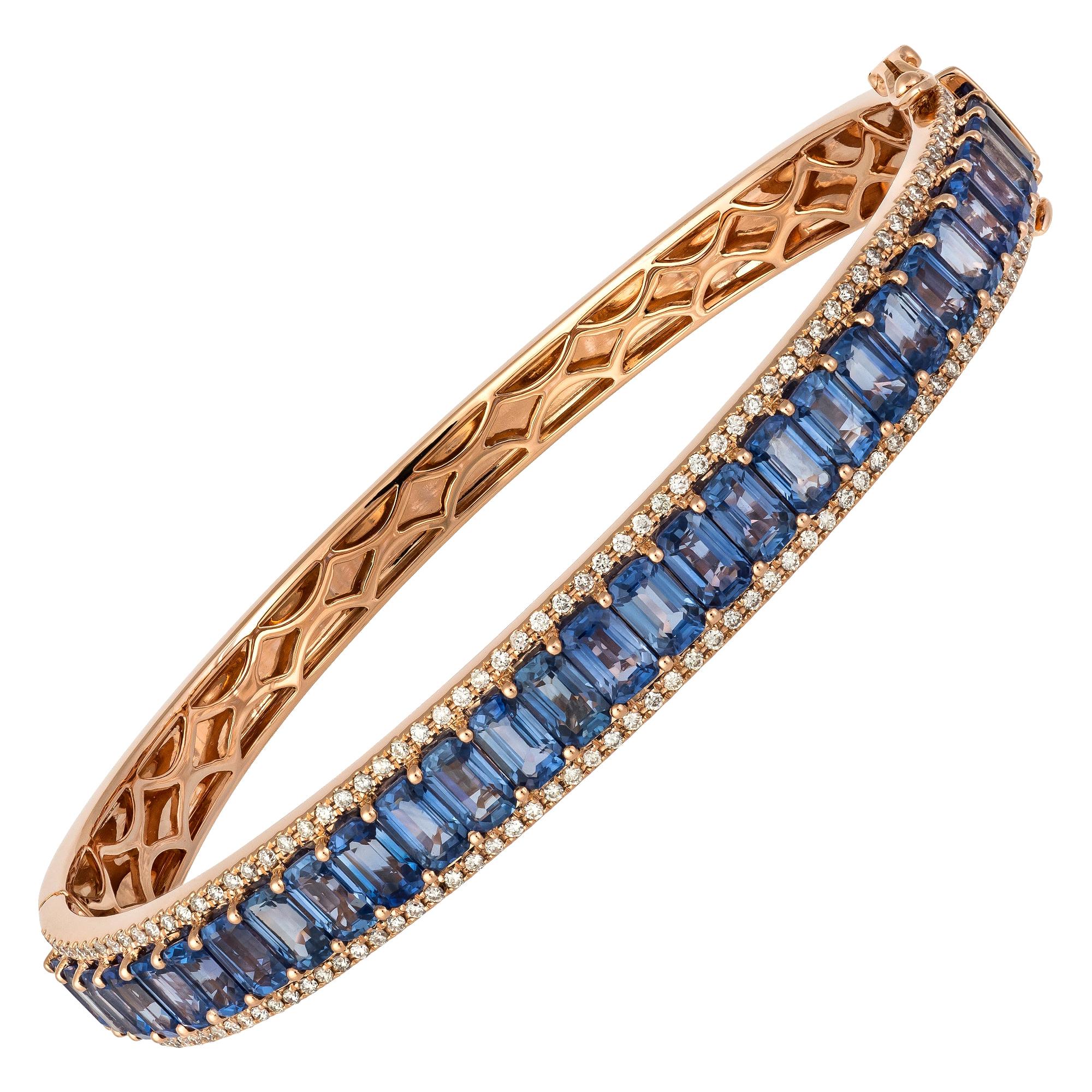 Diamond Tennis Bangle Bracelet 18k Rose Gold Blue Sapphire 11.07 Ct/28 Pcs For Sale