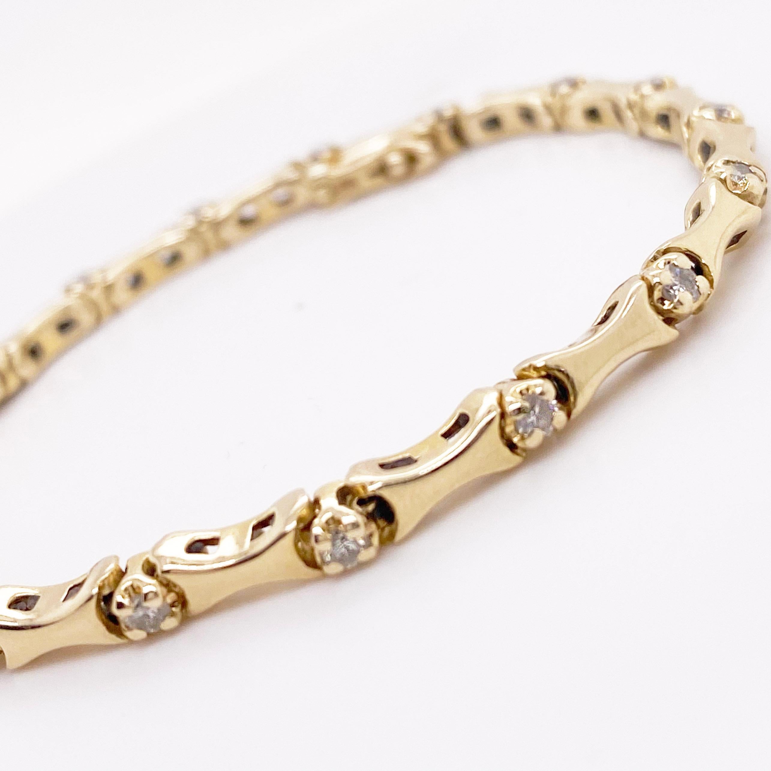 This tennis bracelet is a sleek design that will accent any bracelet party or it can stand alone. If you have always wanted a tennis bracelet this 14 karat yellow gold is a beauty with its white gold settings to hold 17 sparkling diamonds. There is