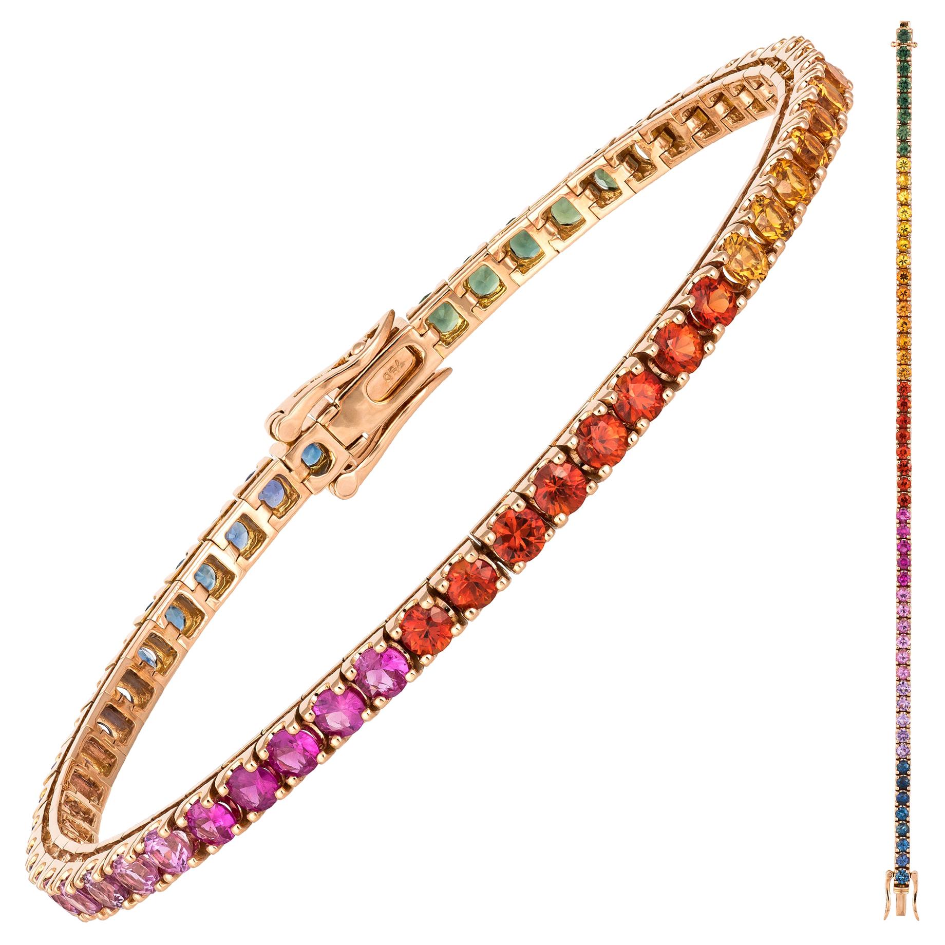 Diamond Tennis Bracelet 18 Karat Rose Gold Multi Sapphire 7.00 Carat /54 Pcs For Sale