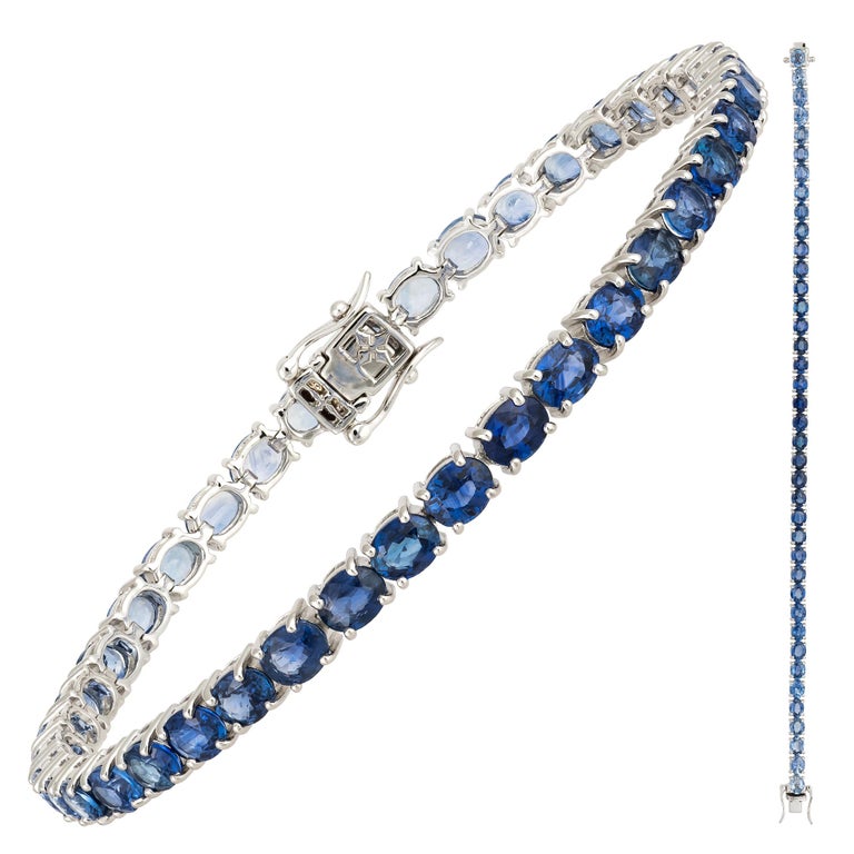Round Cut Diamond Tennis Bracelet 18 Karat White Gold Blue Sapphire 13.35 Carat/39 Pieces For Sale