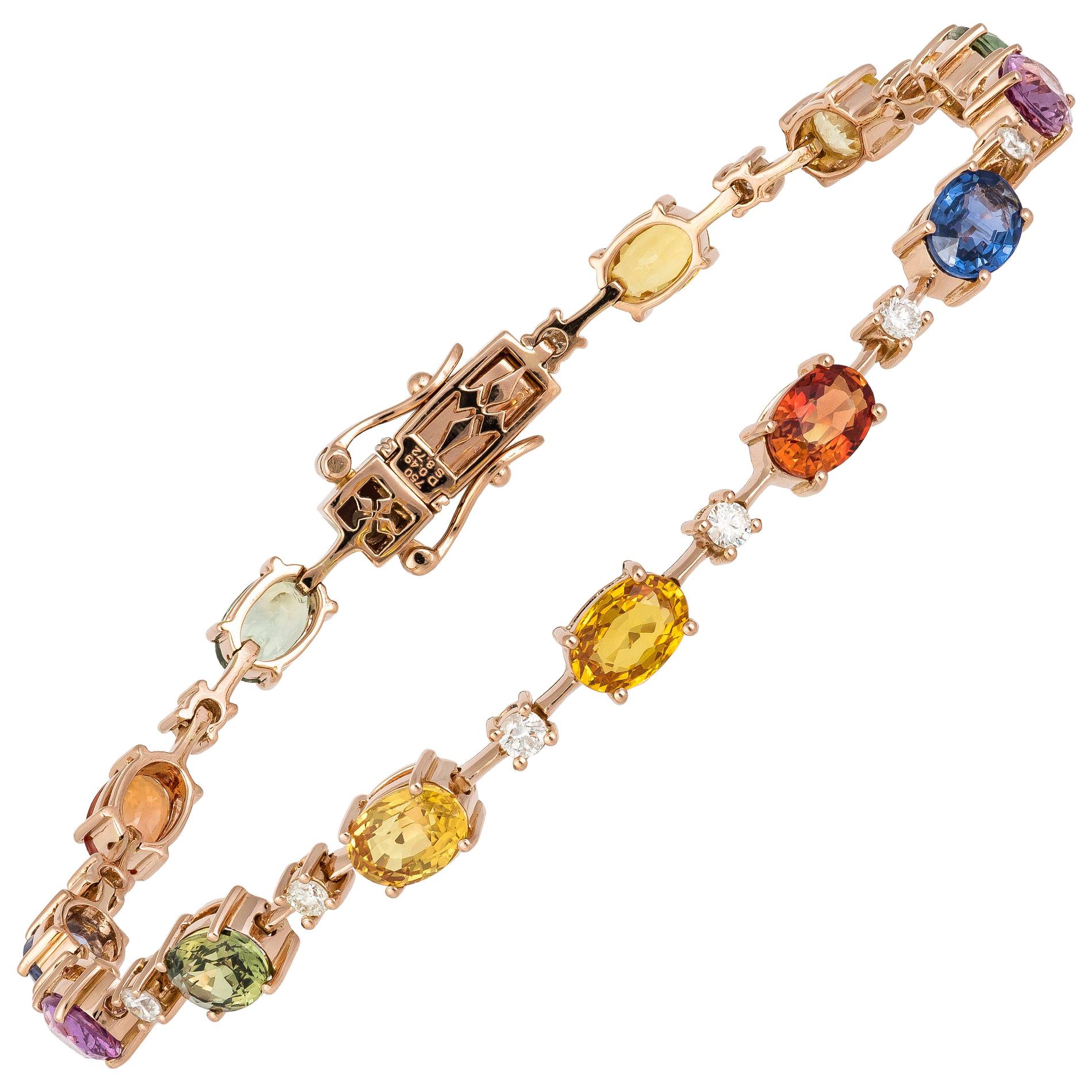 Bracelet tennis en or rose 18 carats avec diamants et diamants 0,53 carat/14 pièces Saphirs multiples