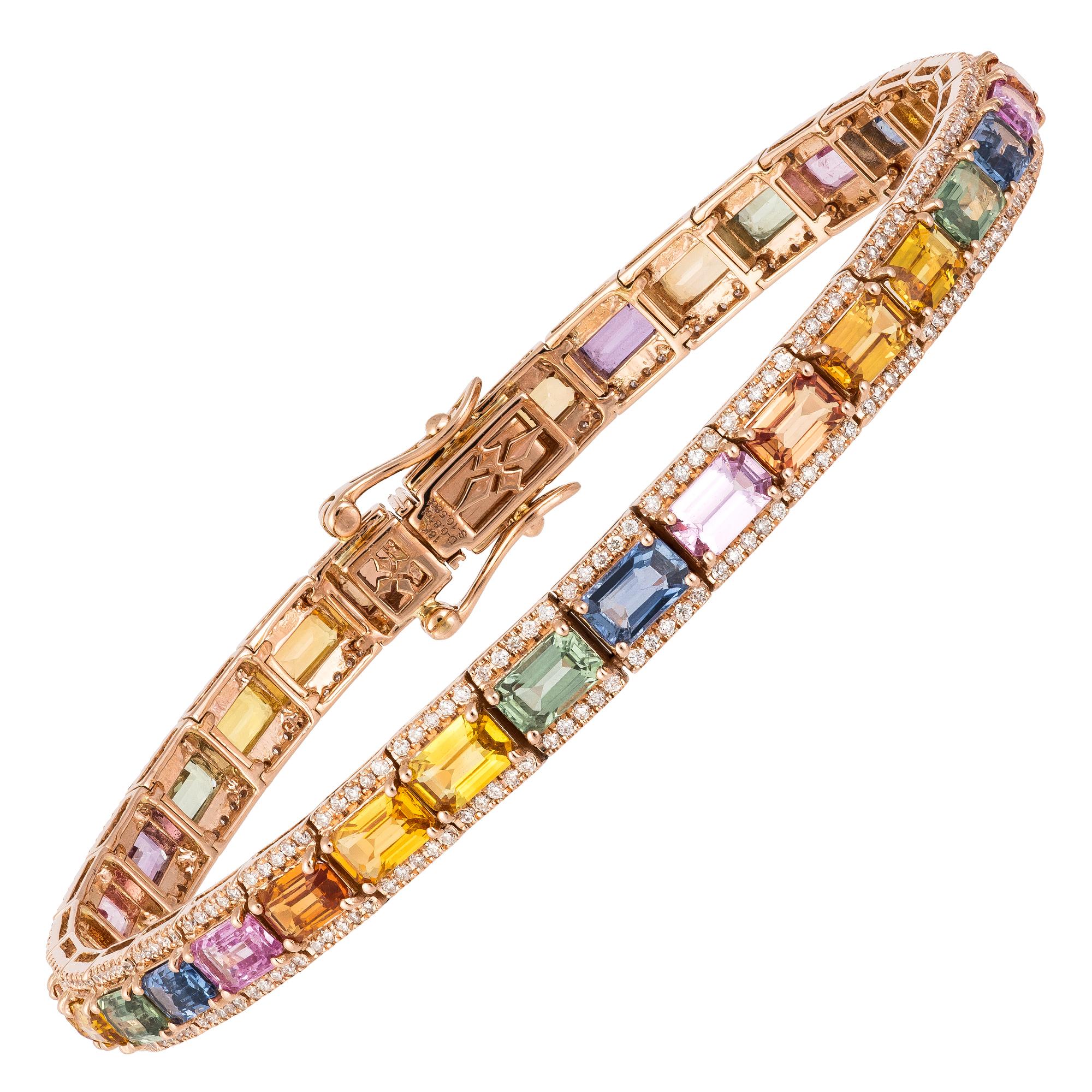 Round Cut Diamond Tennis Bracelet 18K Rose Gold Diamond 0.97 Cts/340 Pieces Multi Sapphire For Sale