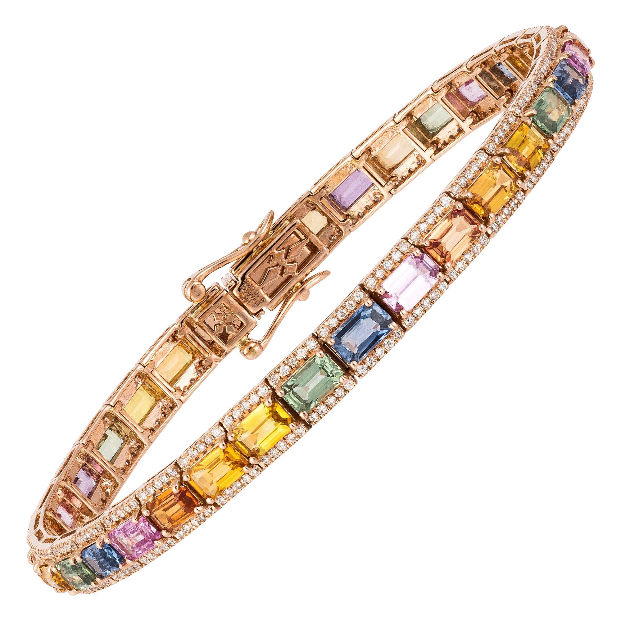 Diamond Tennis Bracelet 18K Rose Gold Diamond 0.97 Cts/340 Pieces Multi Sapphire