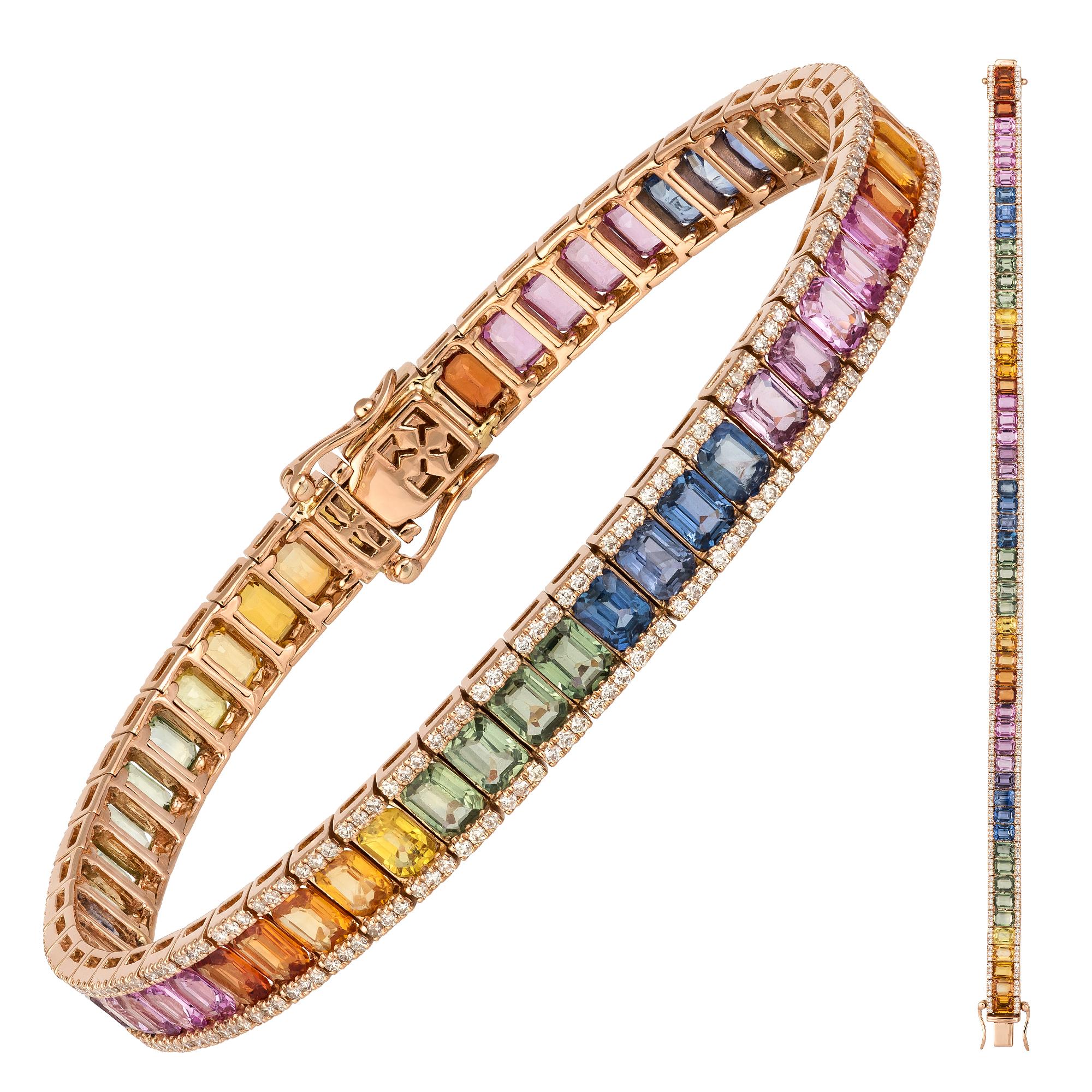 Round Cut Diamond Tennis Bracelet 18K Rose Gold Diamond 1.17 Carat/330 Pcs Multi Sapphire For Sale