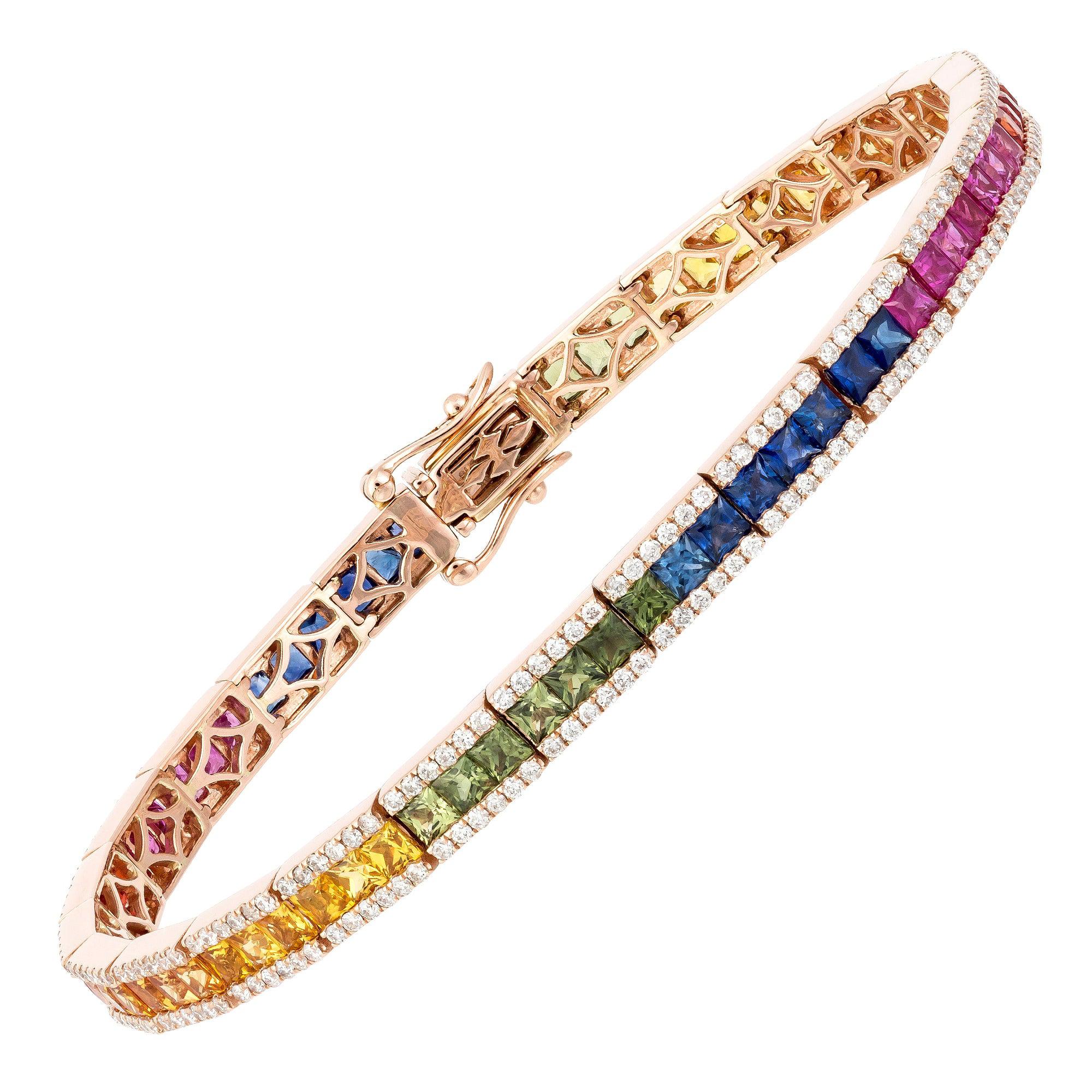 Bracelet tennis en or rose 18 carats avec diamants 1,30 carat/300 pièces de saphirs multiples