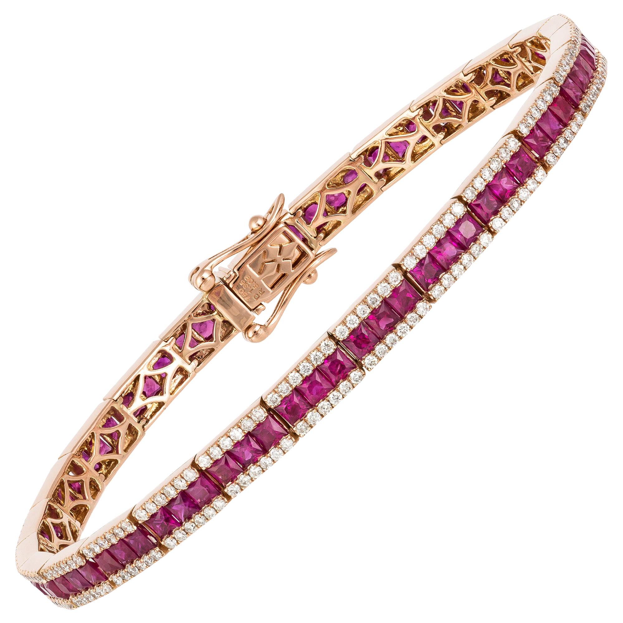Bracelet tennis en or rose 18 carats avec diamants 1,35 carat/300 pièces, rubis 5,09 carats