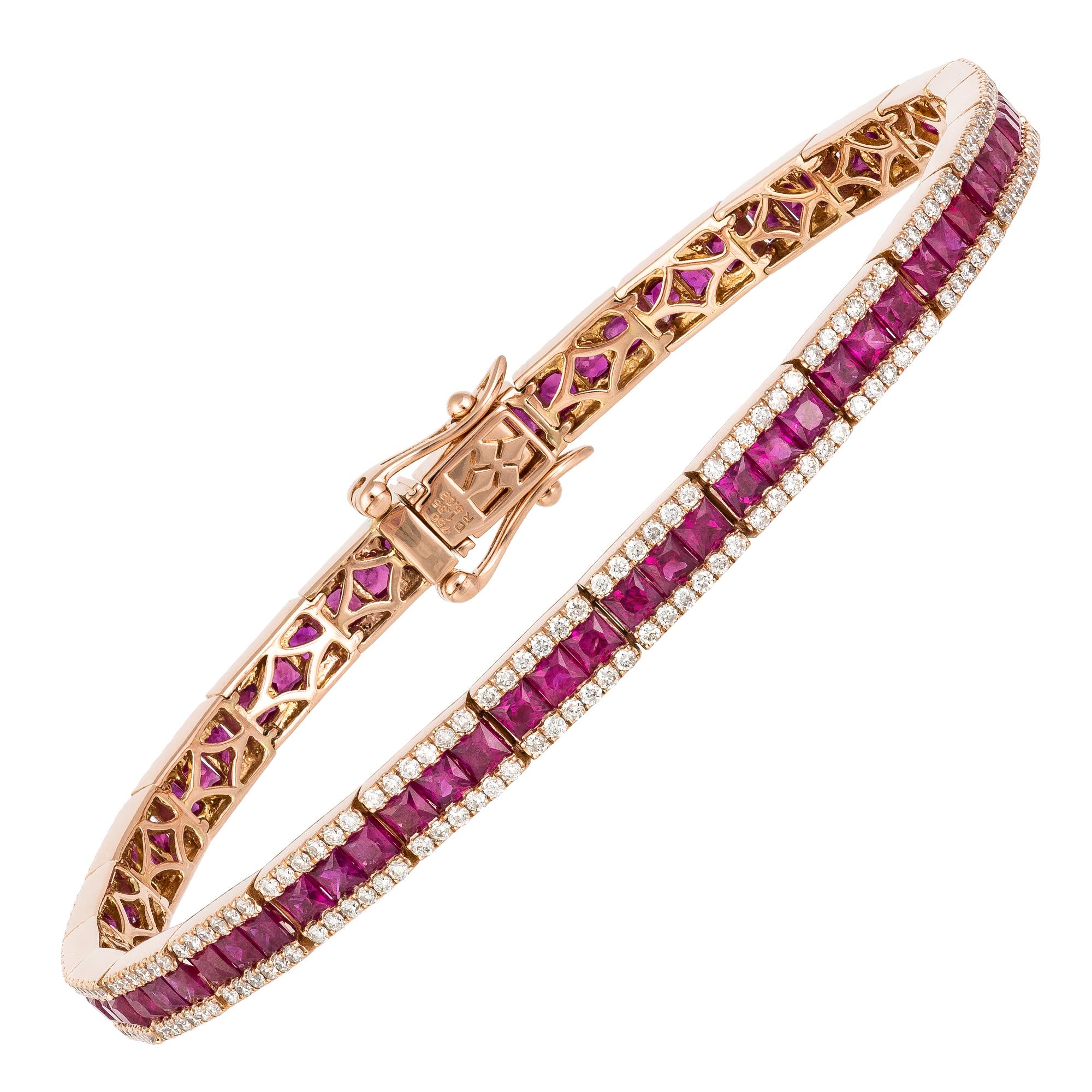 Taille ronde Bracelet tennis en or rose 18 carats avec diamants 1,35 carat/300 pièces, rubis 5,09 carats en vente