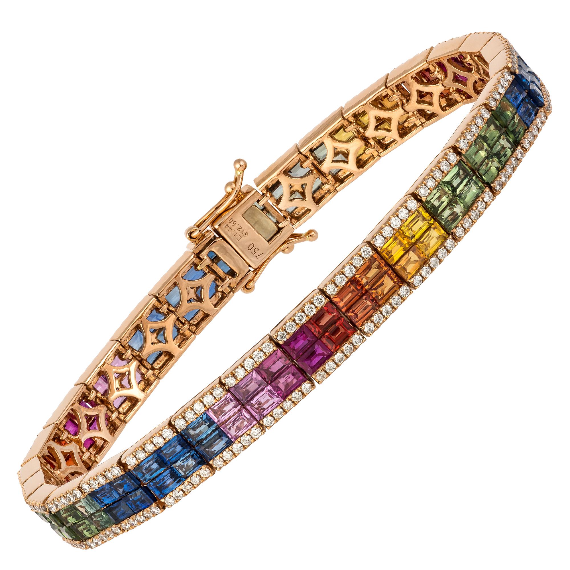 Donna Bracciale tennis con diamanti in oro rosa 18K Diamante 1,44 carati/284 pezzi Zaffiro multiplo in vendita