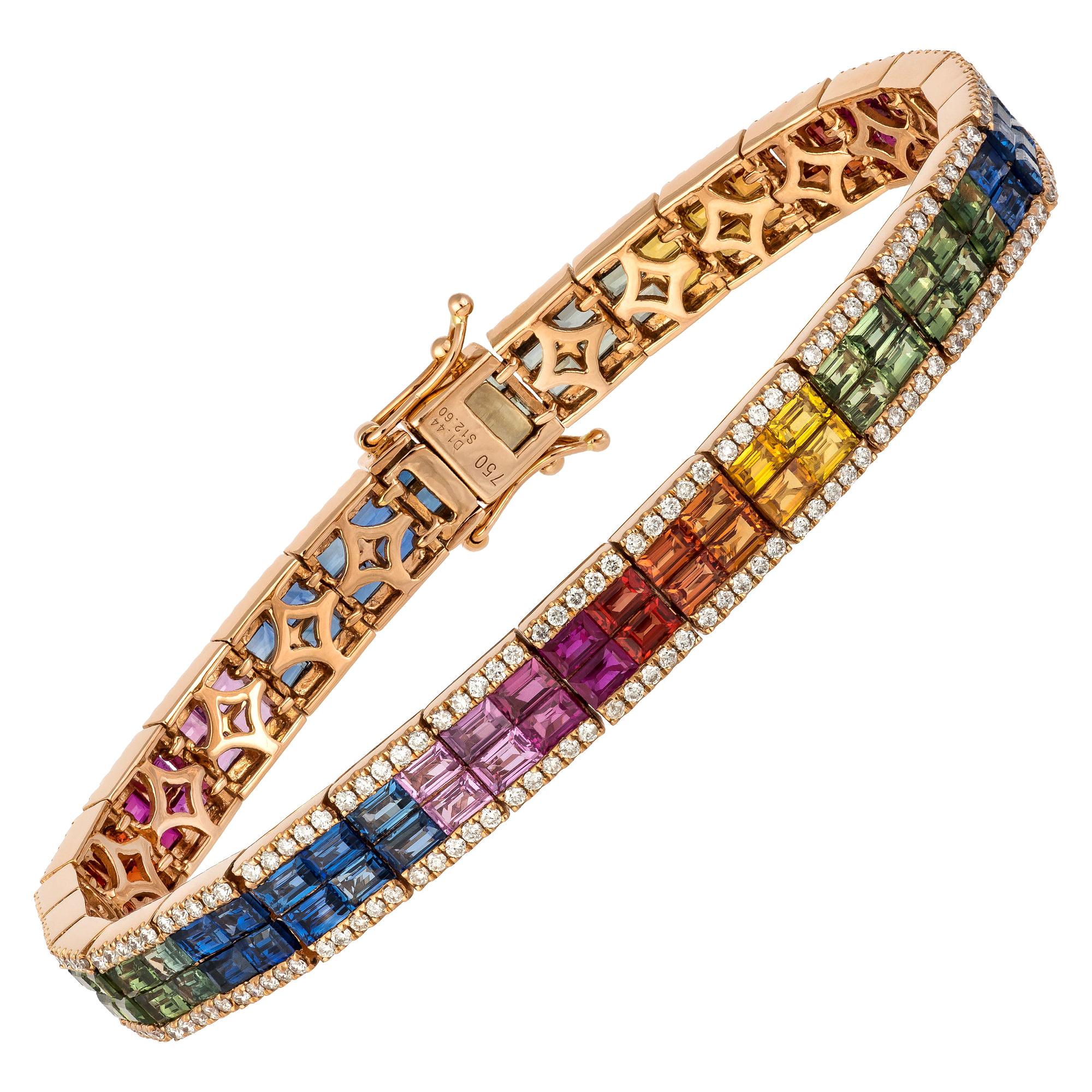 Bracciale tennis con diamanti in oro rosa 18K Diamante 1,44 carati/284 pezzi Zaffiro multiplo