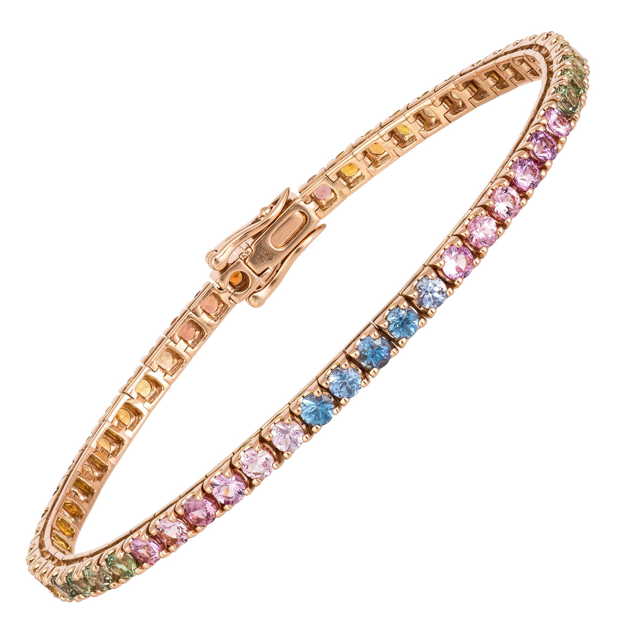Round Cut Diamond Tennis Bracelet 18 Karat Rose Gold Multi Sapphire 6.94 Carat/54 Pieces For Sale