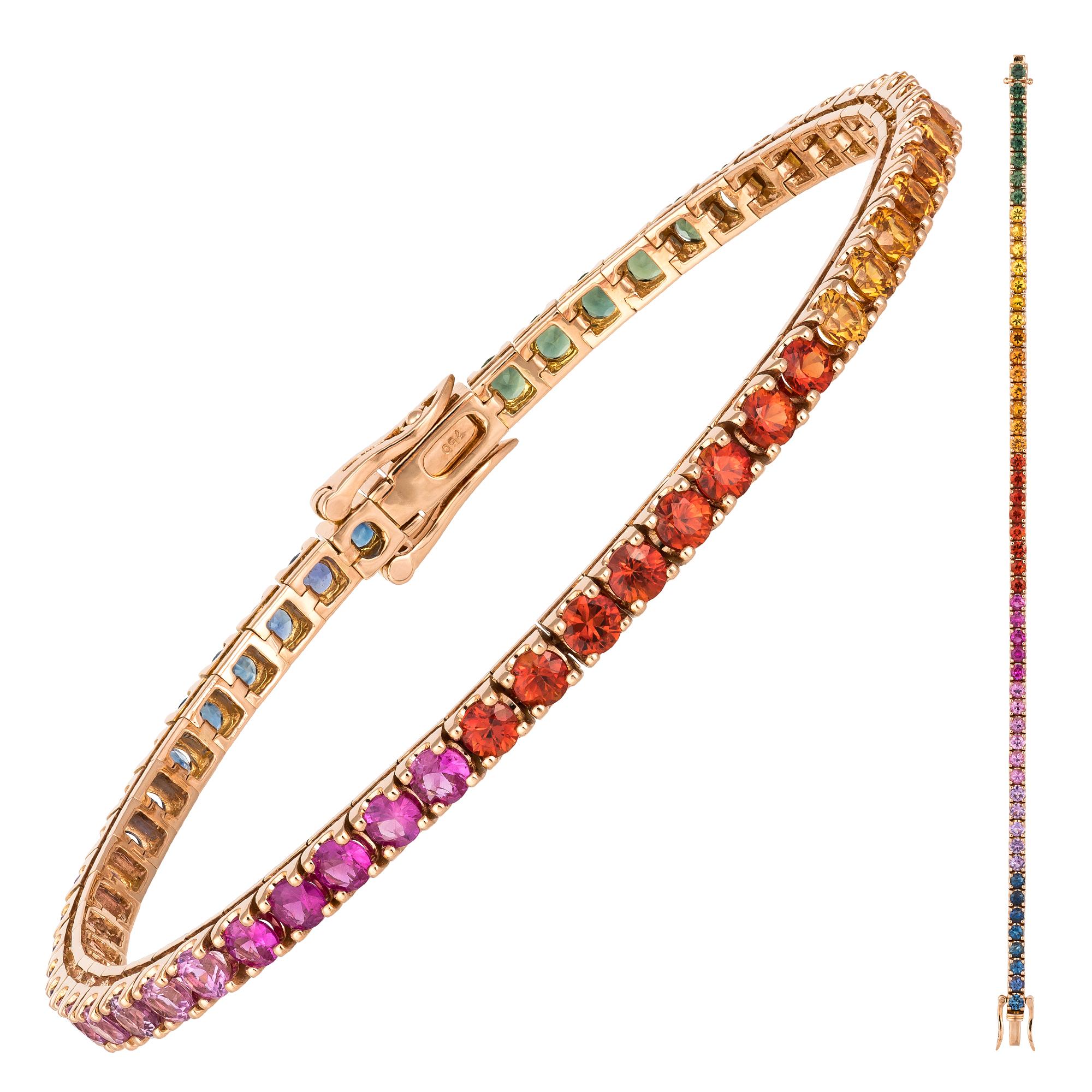 Round Cut Diamond Tennis Bracelet 18 Karat Rose Gold Multi Sapphire 7.00 Carat /54 Pcs For Sale