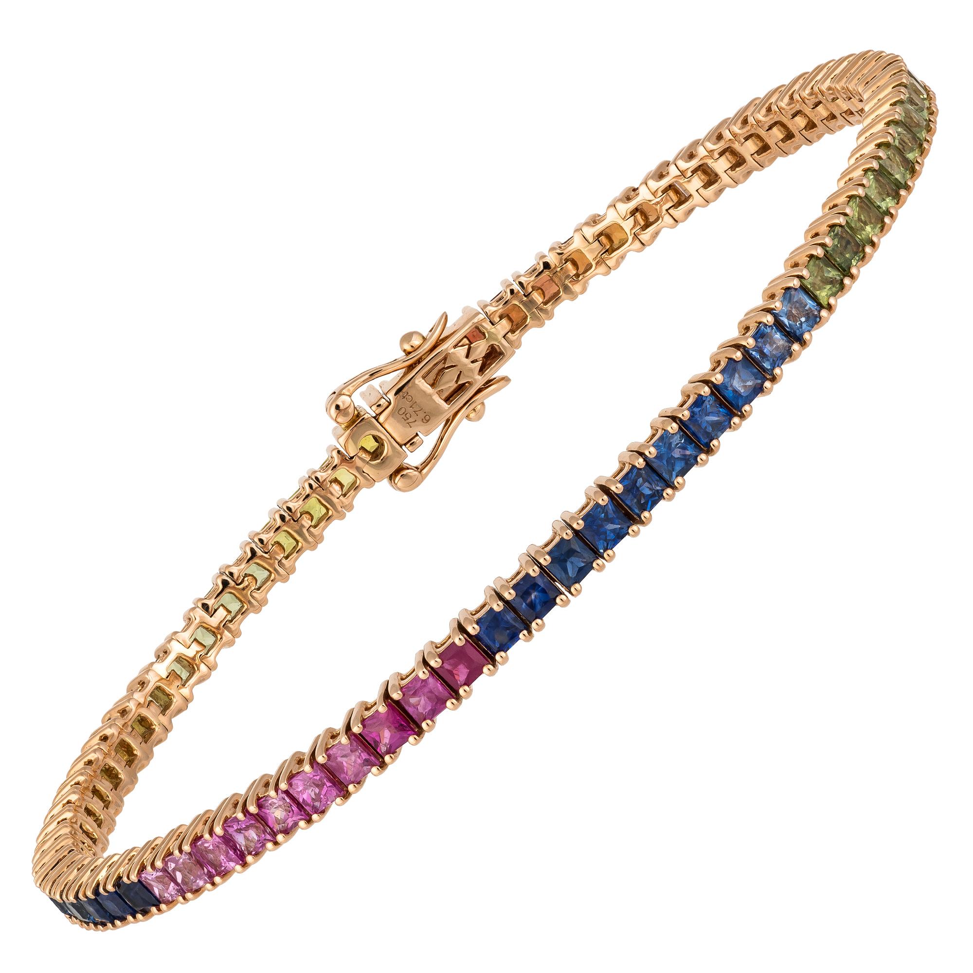 Diamant-Tennisarmband aus 18 Karat Roségold mit mehreren Saphiren 7,07 Karat/73 Teile (Rundschliff) im Angebot