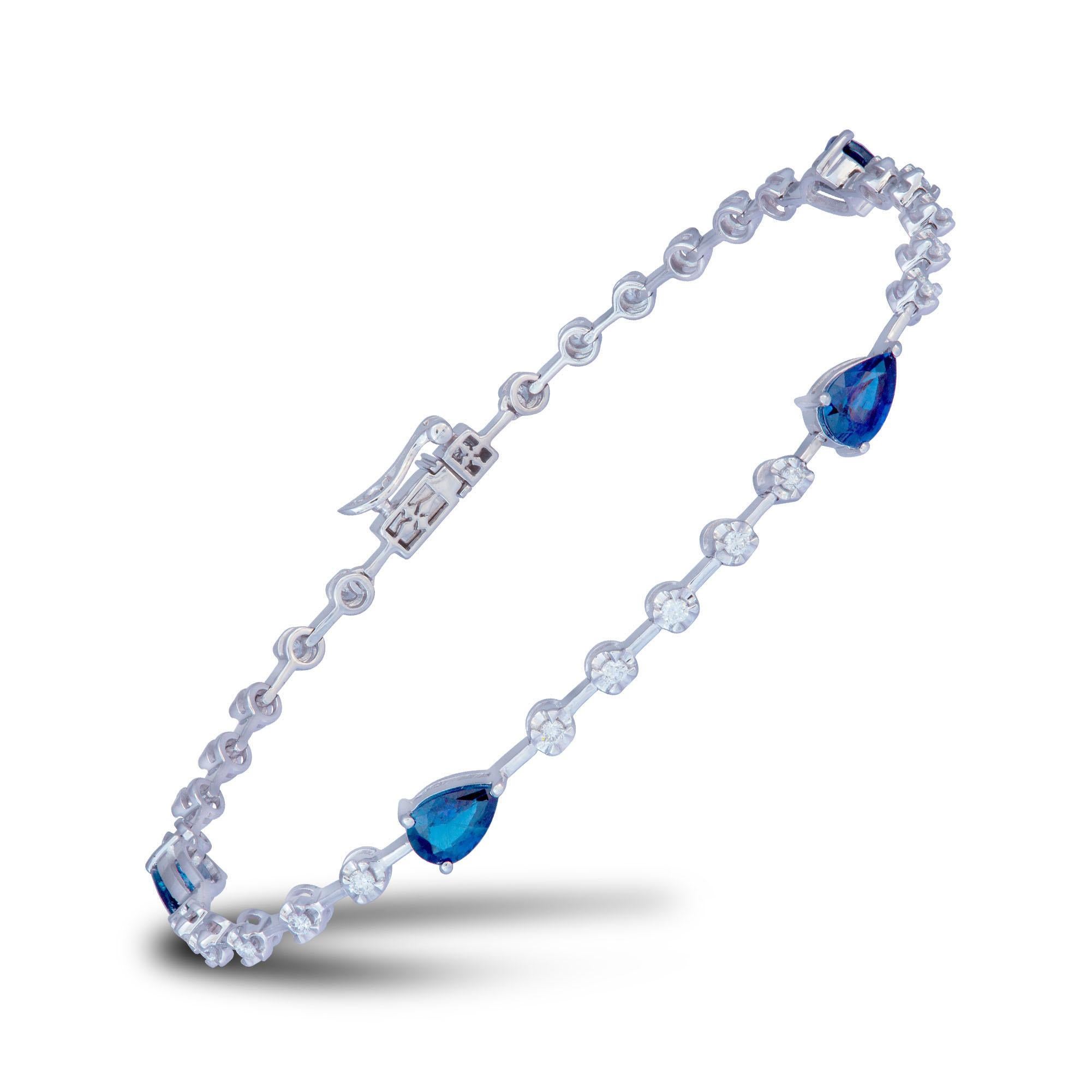 Taille ronde Bracelet tennis en or blanc 18 carats avec diamants et saphir bleu de 2,14 carats (4 pièces) en vente