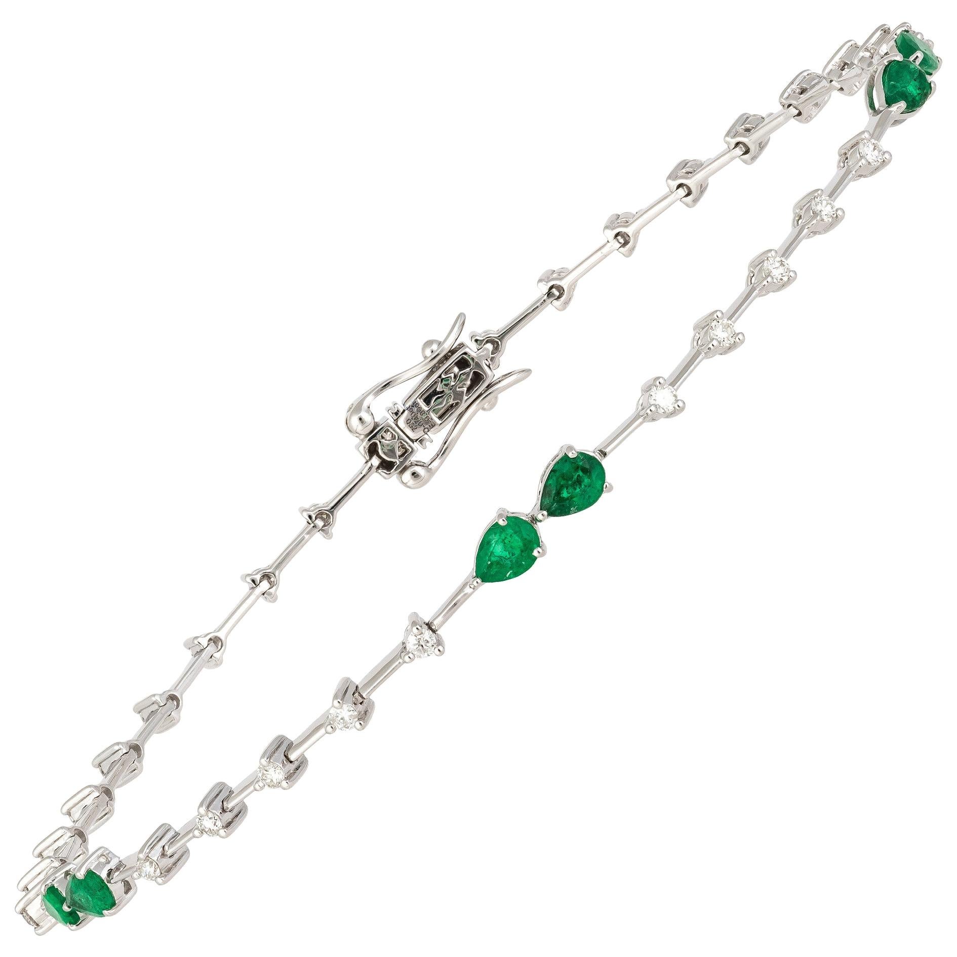 Diamond Tennis Bracelet 18K White Gold Diamond 0.42 Cts/30 Pcs Emerald 0.86 Cts