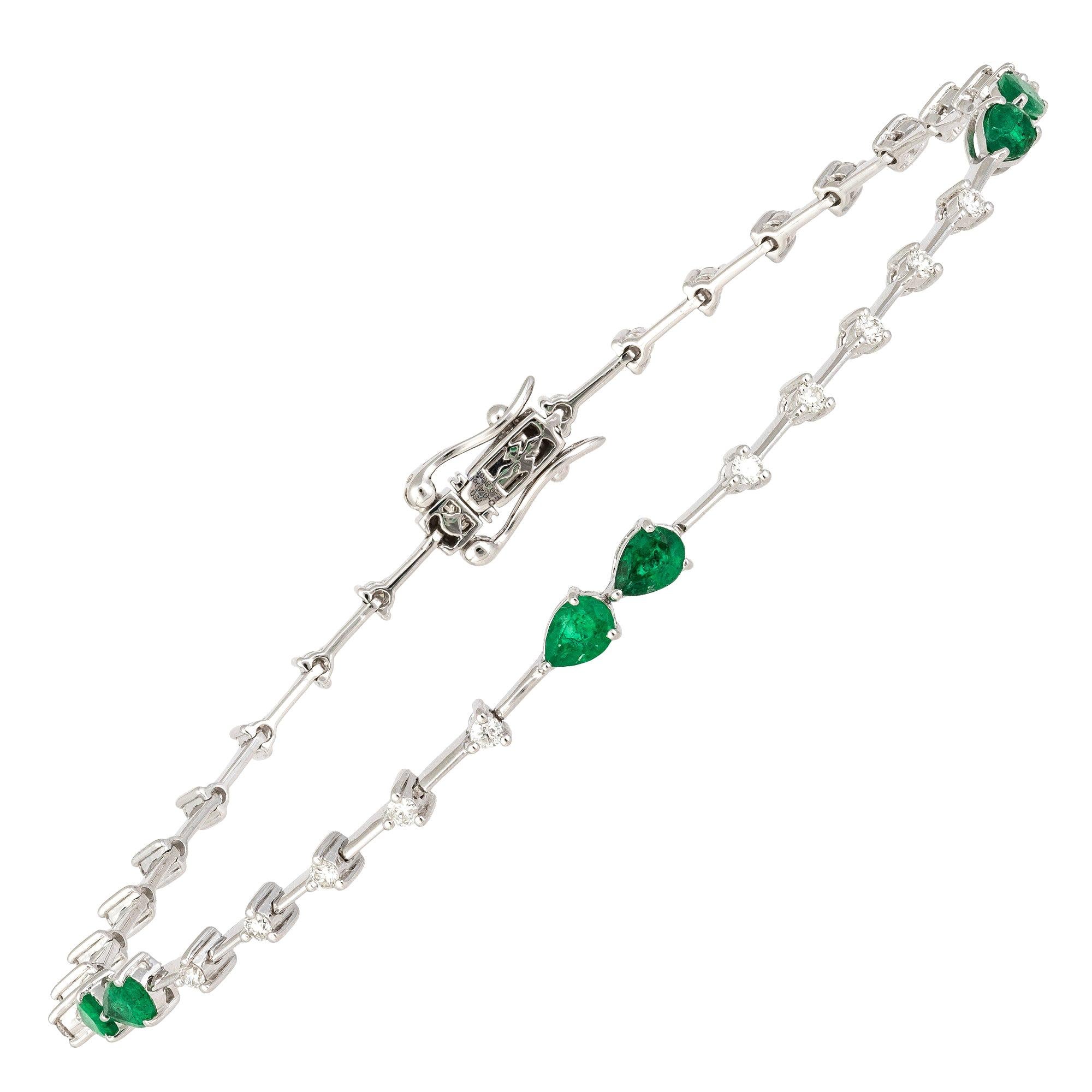 Diamond Tennis Bracelet 18k White Gold Diamond 0.42 Cts/30 Pcs Emerald 0.86 Cts