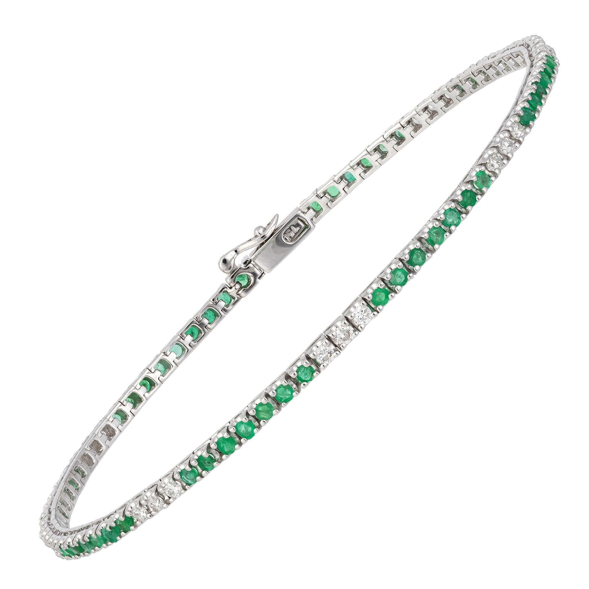 Round Cut Diamond Tennis Bracelet 18k White Gold Diamond 0.47 Cts/21 Pcs Emerald 1.03 Cts/ For Sale