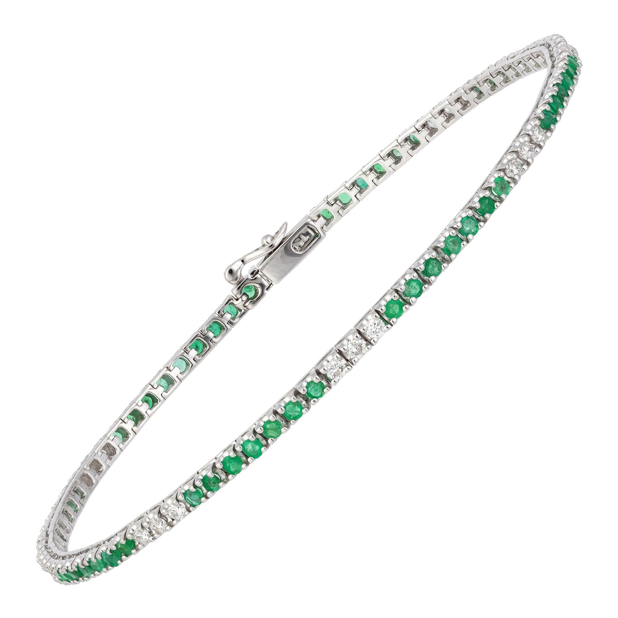 Diamond Tennis Bracelet 18k White Gold Diamond 0.47 Cts/21 Pcs Emerald 1.03 Cts/