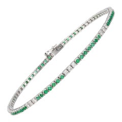 Vintage Diamond Tennis Bracelet 18k White Gold Diamond 0.47 Cts/21 Pcs Emerald 1.03 Cts/