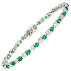 Diamond Tennis Bracelet 18k White Gold Diamond 1.22 Cts/92 Pcs Emerald 3.17 Cts