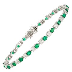 Diamond Tennis Bracelet 18K White Gold Diamond 1.22 Cts/92 Pcs Emerald 3.17 Cts