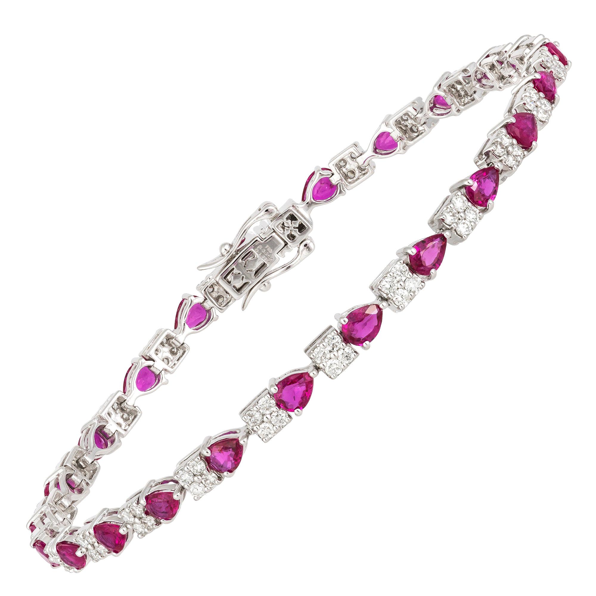 Diamond Tennis Bracelet 18K White Gold Diamond 1.22 Cts/92 Pcs Ruby 3.84 Cts