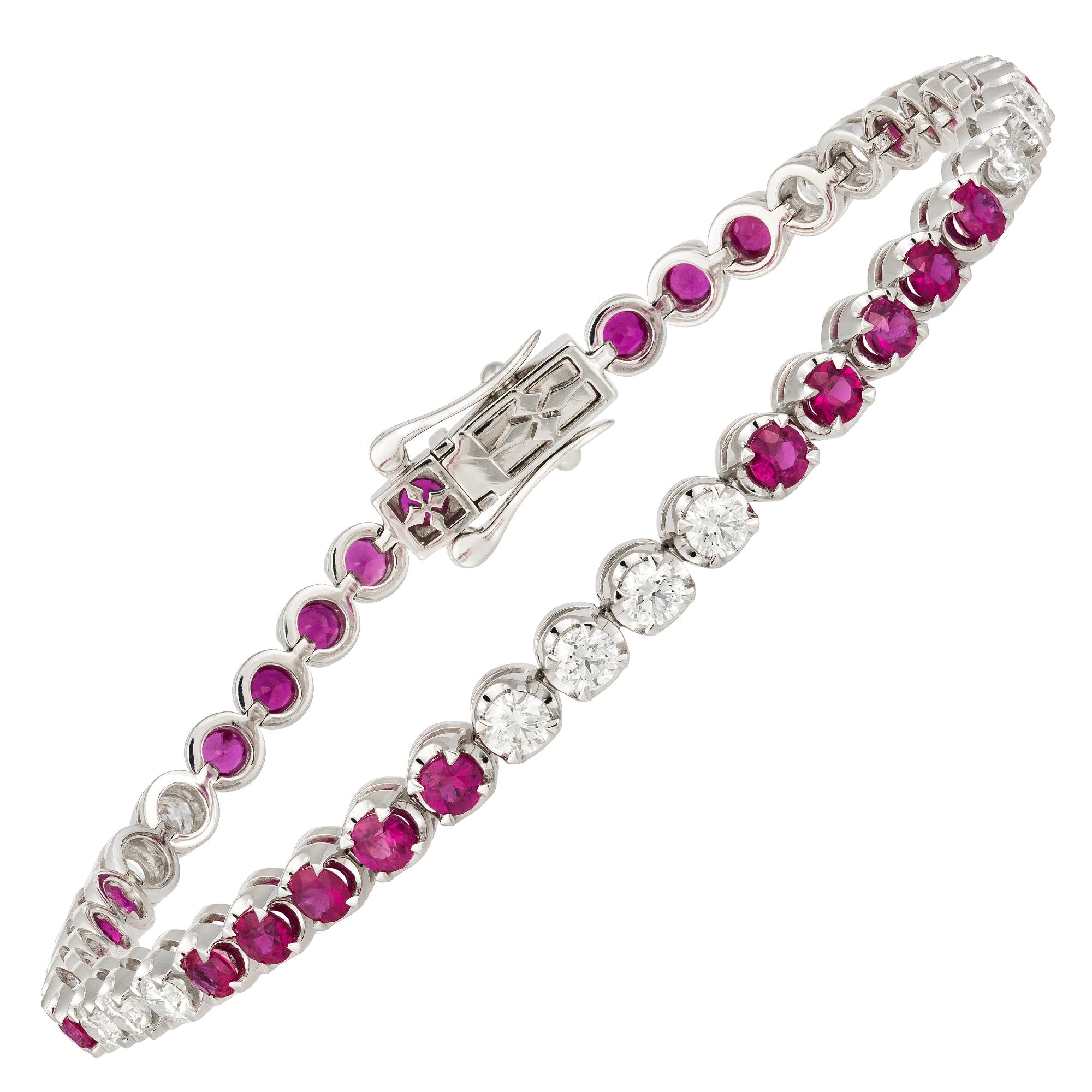 BRACELET 18K White Gold Diamond 1.57 Cts/14 Pcs RUBY 3.96 Cts/30 Pcs
