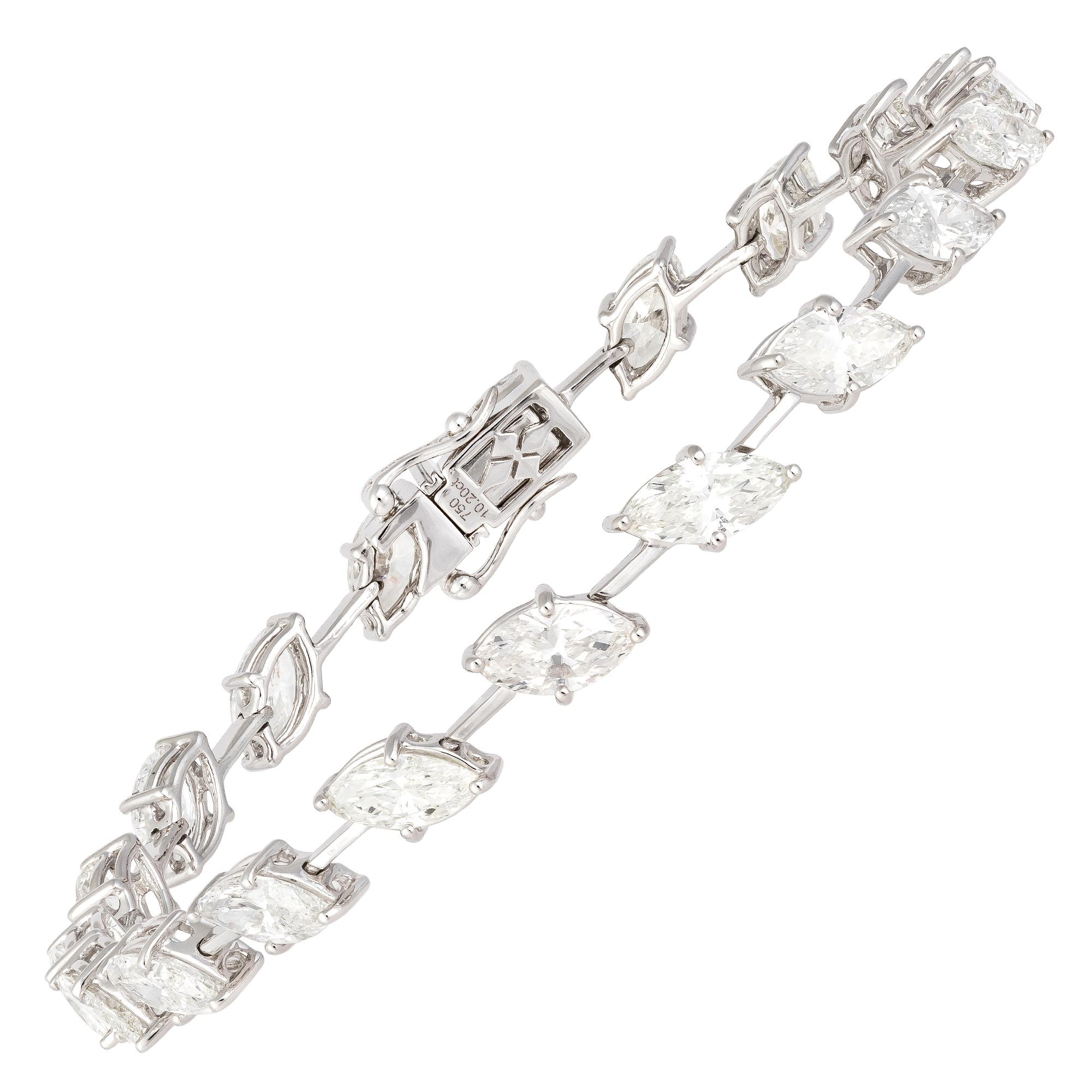 Marquise Cut Diamond Tennis Bracelet 18 Karat White Gold MQ 10.20 Carat/20 Pieces For Sale