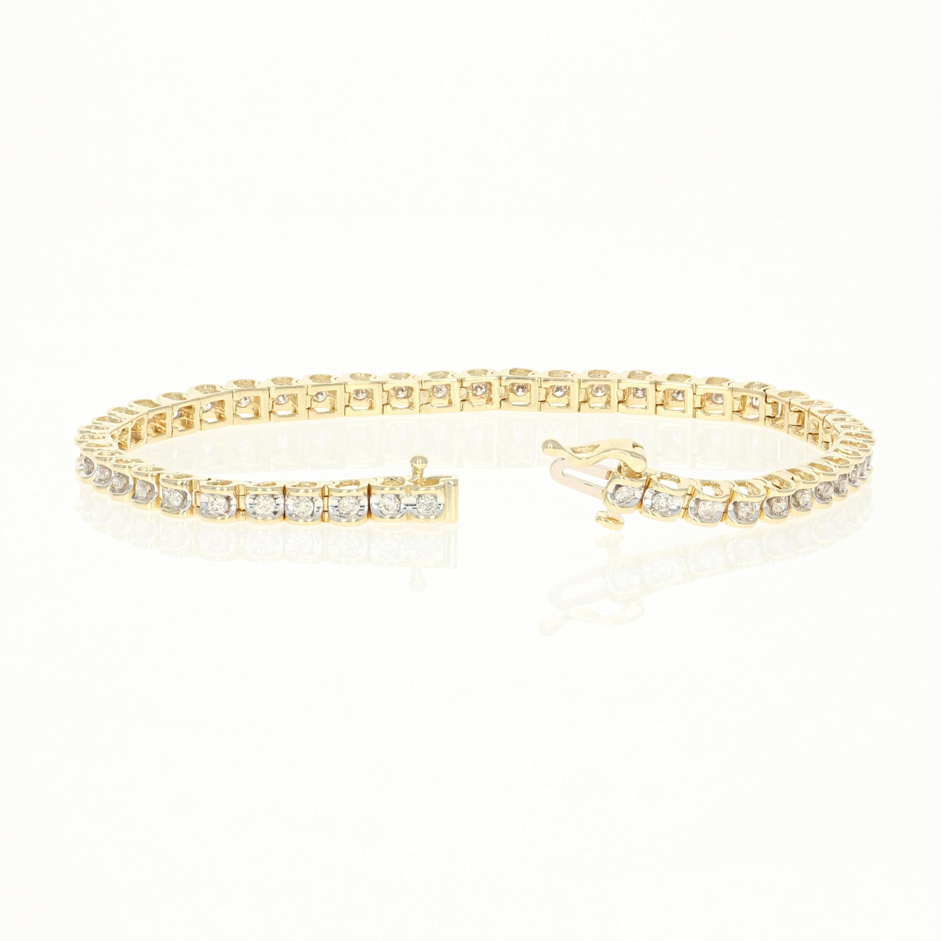 This year give her the radiant gift of diamonds! Fashioned in a classically elegant tennis style, this 14k yellow and white gold bracelet showcases sparkling white diamonds displayed atop scalloped links. 

Metal Content: Guaranteed 14k Gold as