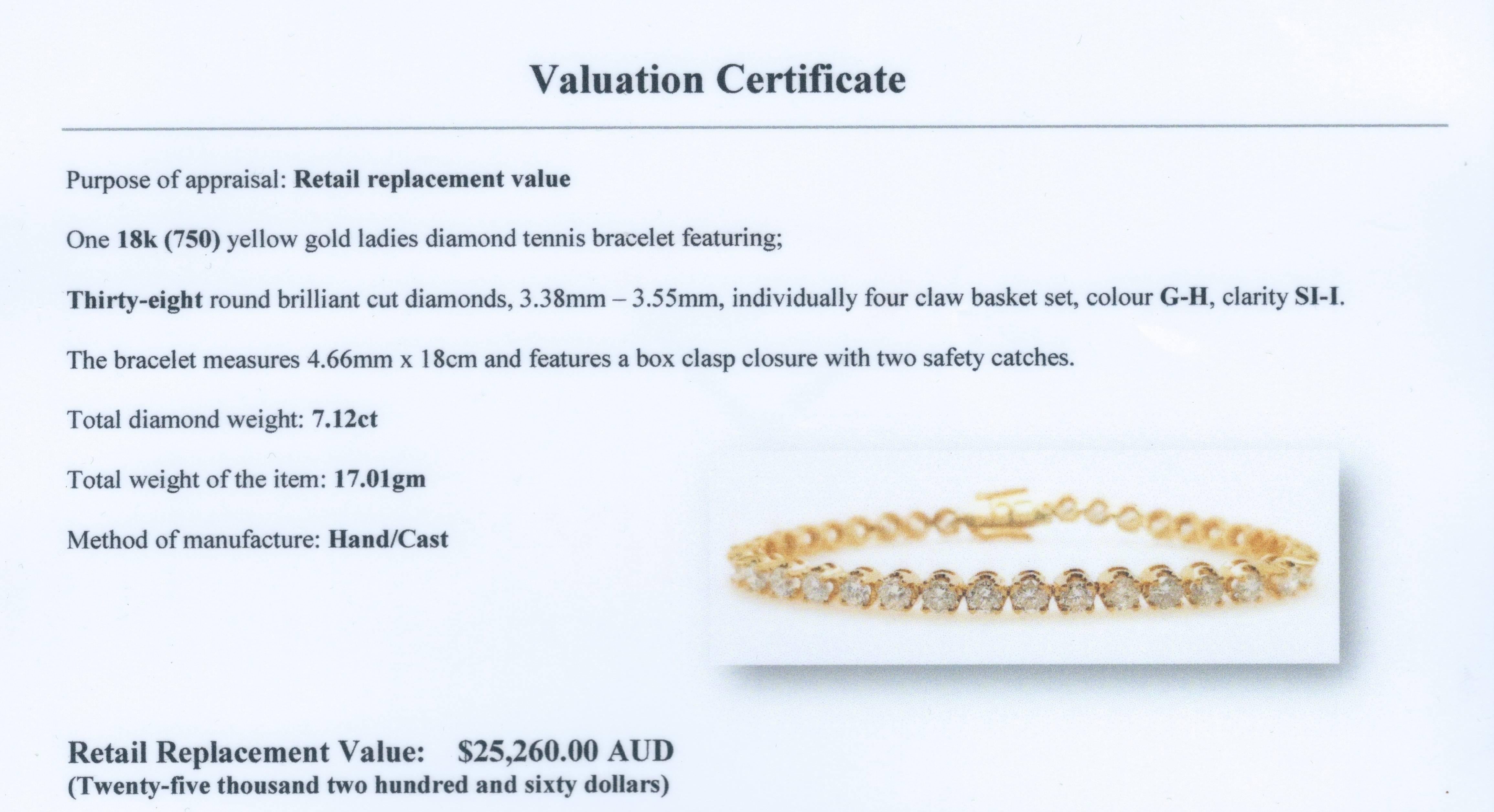 An elegant diamond tennis bracelet 7.12 Carat by Cartmer Jewellery
Valuation Certificate $25,260 

38 Round Brilliant Cut Diamonds four claw set totalling 7.12 carat
18 Carat Yellow Gold
Hand Cast

FREE express postage usually 3-4 days Sydney to New