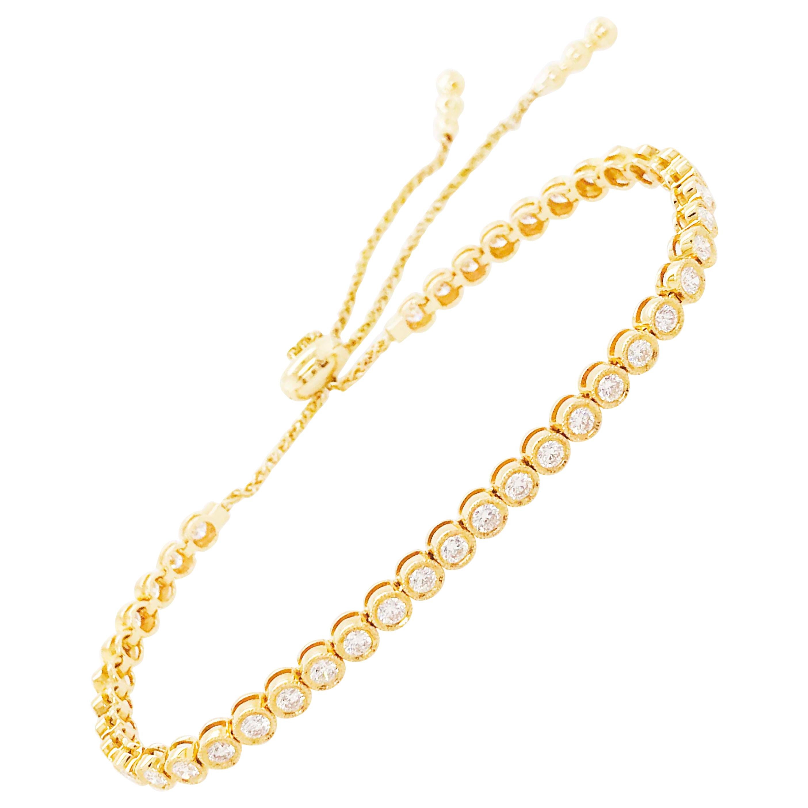 Diamond Tennis Bracelet, Adjustable Bolo 1.50 Carat Diamond 18K Gold Bracelet