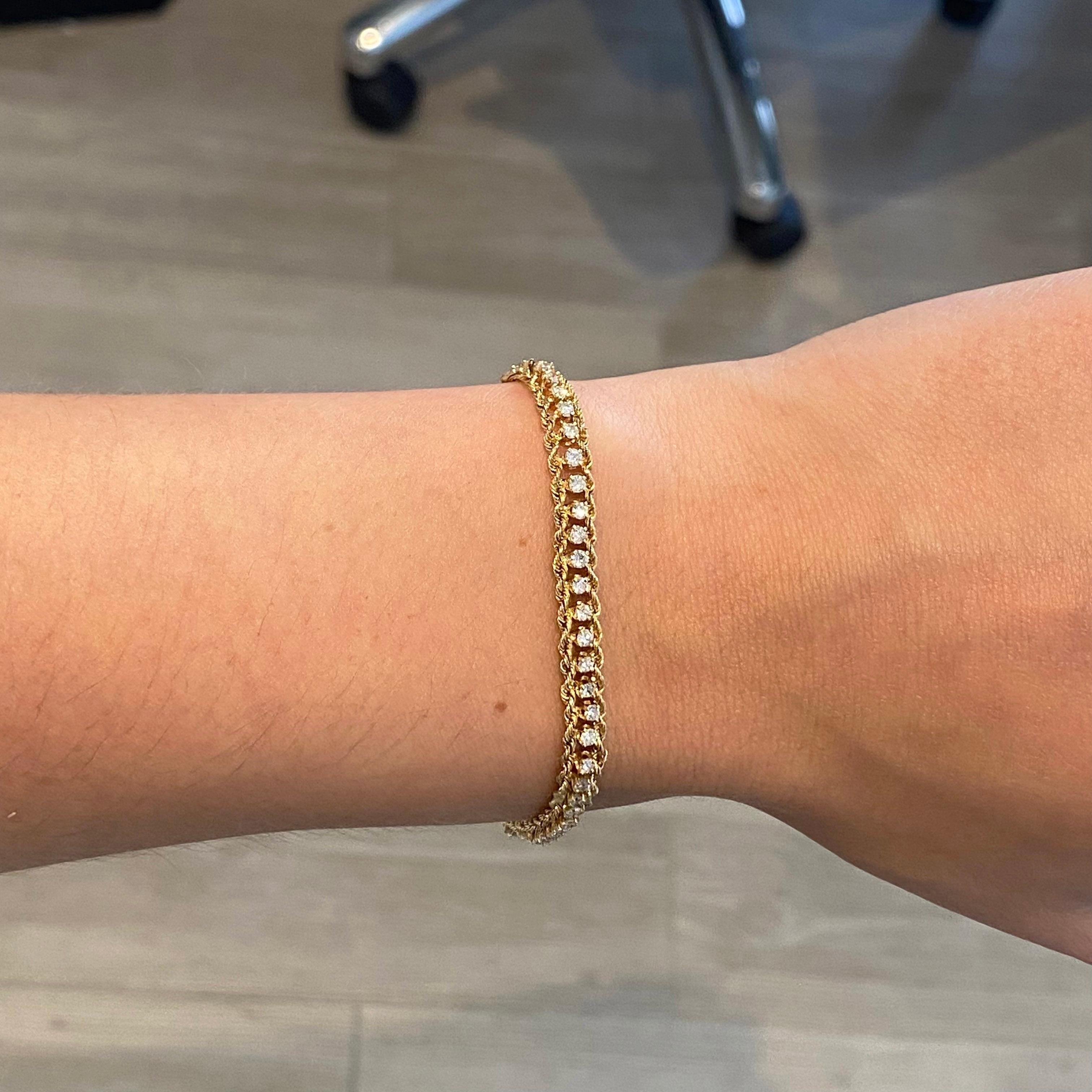 This tennis bracelet has 1.59 carat total weight with a rope edge on either side. Each diamond is set in four prongs and  the bracelet is 7 inches long. 
Metal Quality: 18 kt Yellow Gold 
Length: 7 in 
Width: 5.3 mm 
Clasp: Box Clasp 
Diamond Shape: