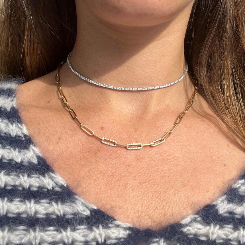 Introducing the diamond tennis choker - a modern take on a classic design. This beautiful piece features 4.6 tcw of shimmering GH SI1 diamonds set in individual 4 prong 14k white gold. The diamond tennis necklace is adjustable with 10