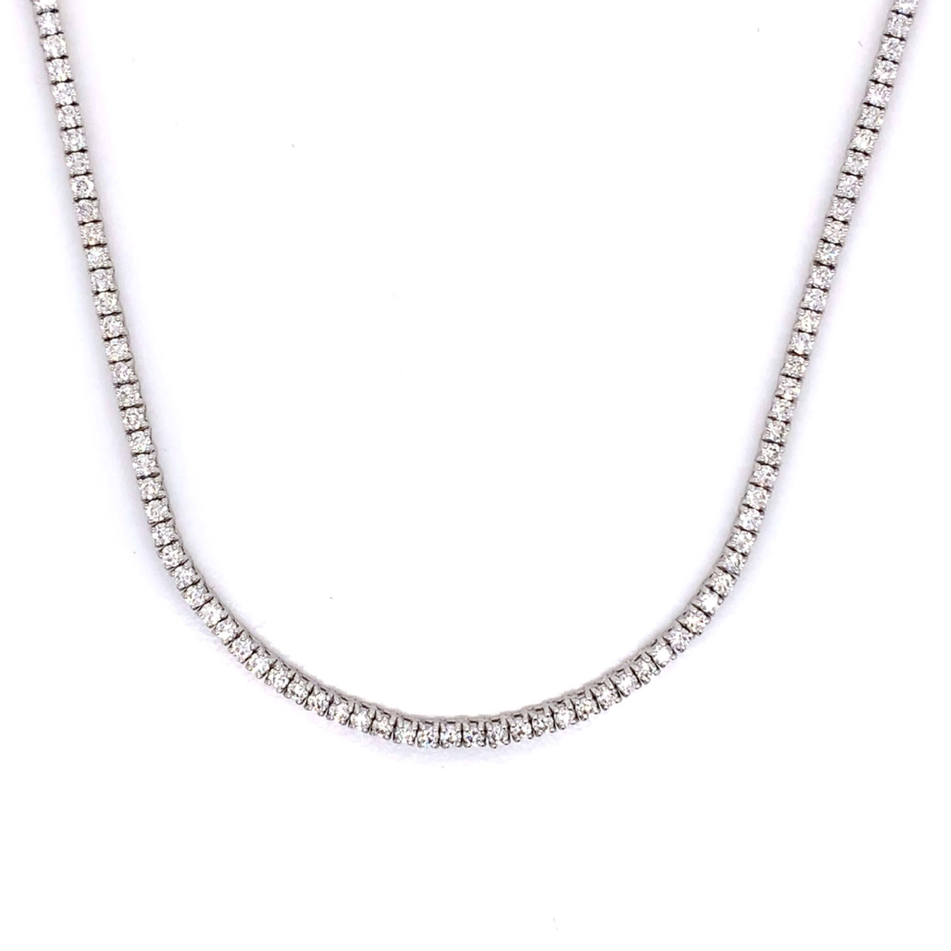 Diamond necklace made with real/natural brilliant cut diamonds. Total Carat Weight: 4.50cts. Diamond Quantity: 238 round diamonds. Color: G. Clarity: SI1. Mounted on 18 karat white gold.