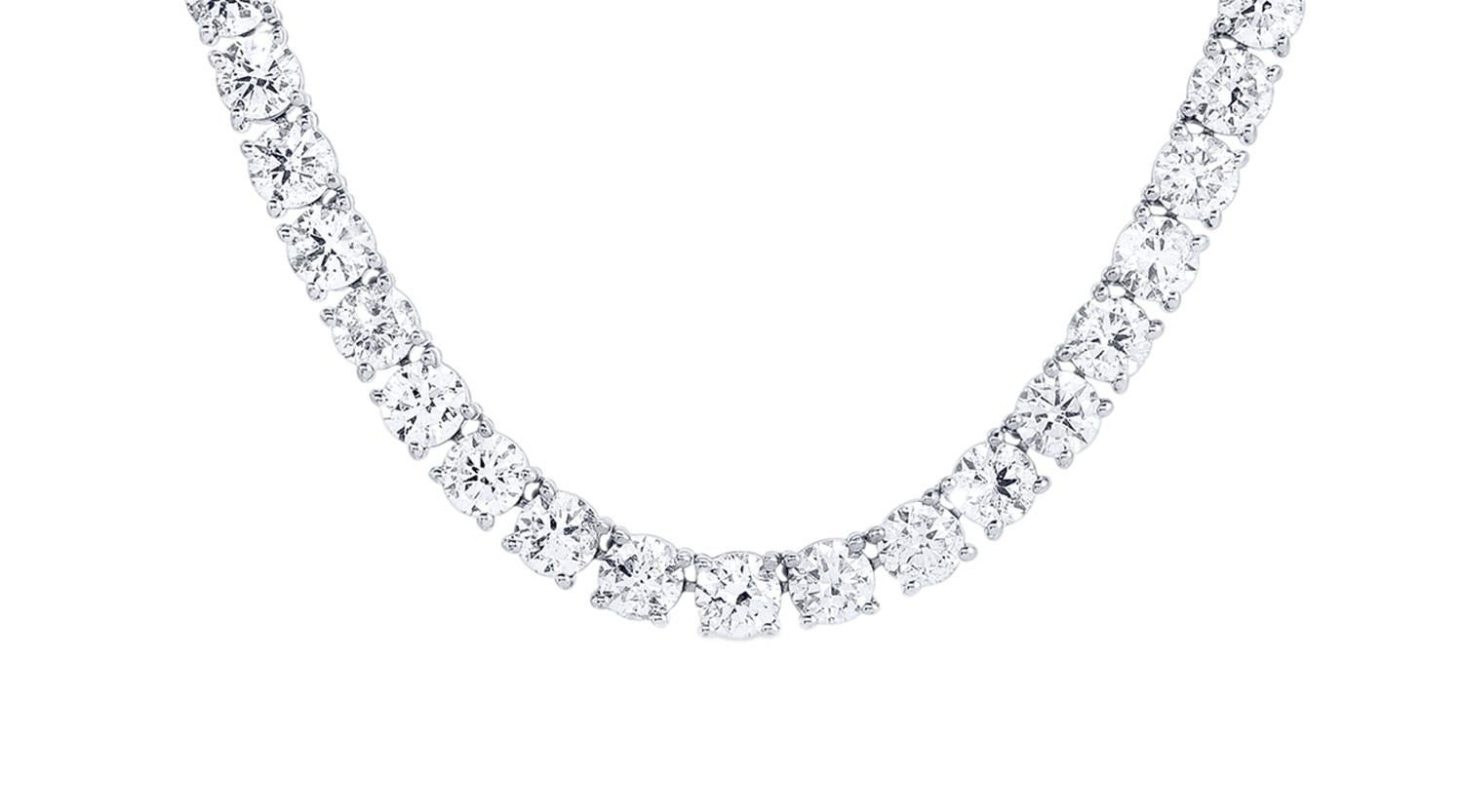 Diamond Tennis Necklace 30.7 Carats Round Cut 18K White Gold In Excellent Condition For Sale In Aliso Viejo, CA