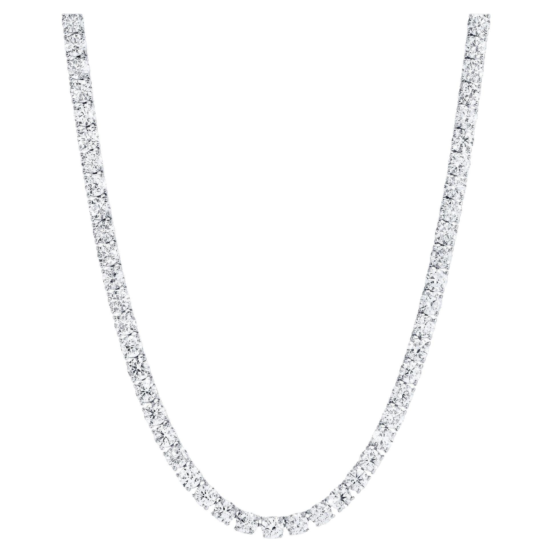 Diamond Tennis Necklace 30.7 Carats Round Cut 18K White Gold For Sale