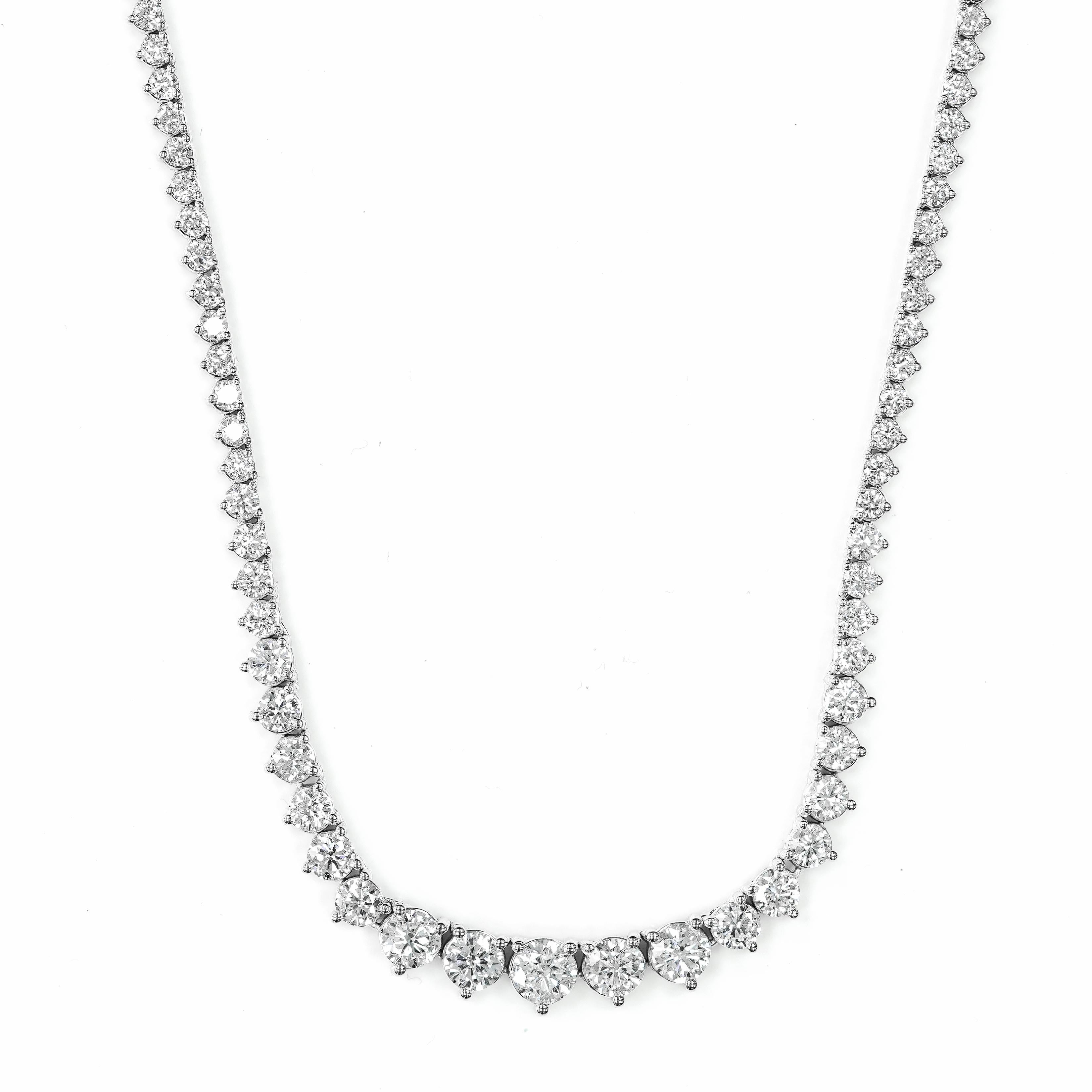 Graduated riviere tennis necklace consisting of 170 graduating natural diamonds, 8.03 Cts.

G-H colour, SI Quality Diamond Grade set in 14K White Gold 

*Limited Item 
*Free Shipping 

Report can be issued upon request 