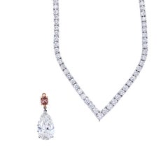 Diamond Tennis Necklace with .42 Carat Pink Diamond and 5.39 Carat Pear Diamond