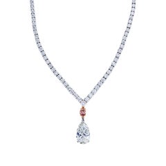 Diamond Tennis Necklace with .42 Carat Pink Diamond and 5.39 Carat Pear Diamond