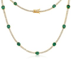Diamond Tennis Necklace with Alternate Oval Cut Emeralds (6.50 ct.) 4-P 14K Gold